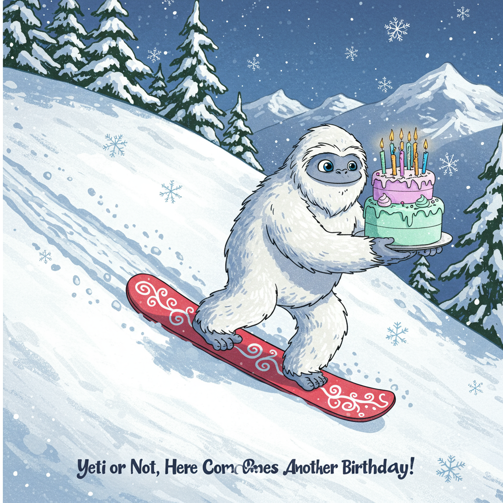 A yeti snowboarding down a mountain, The yeti is carrying a birthday cake , and Birthday Card