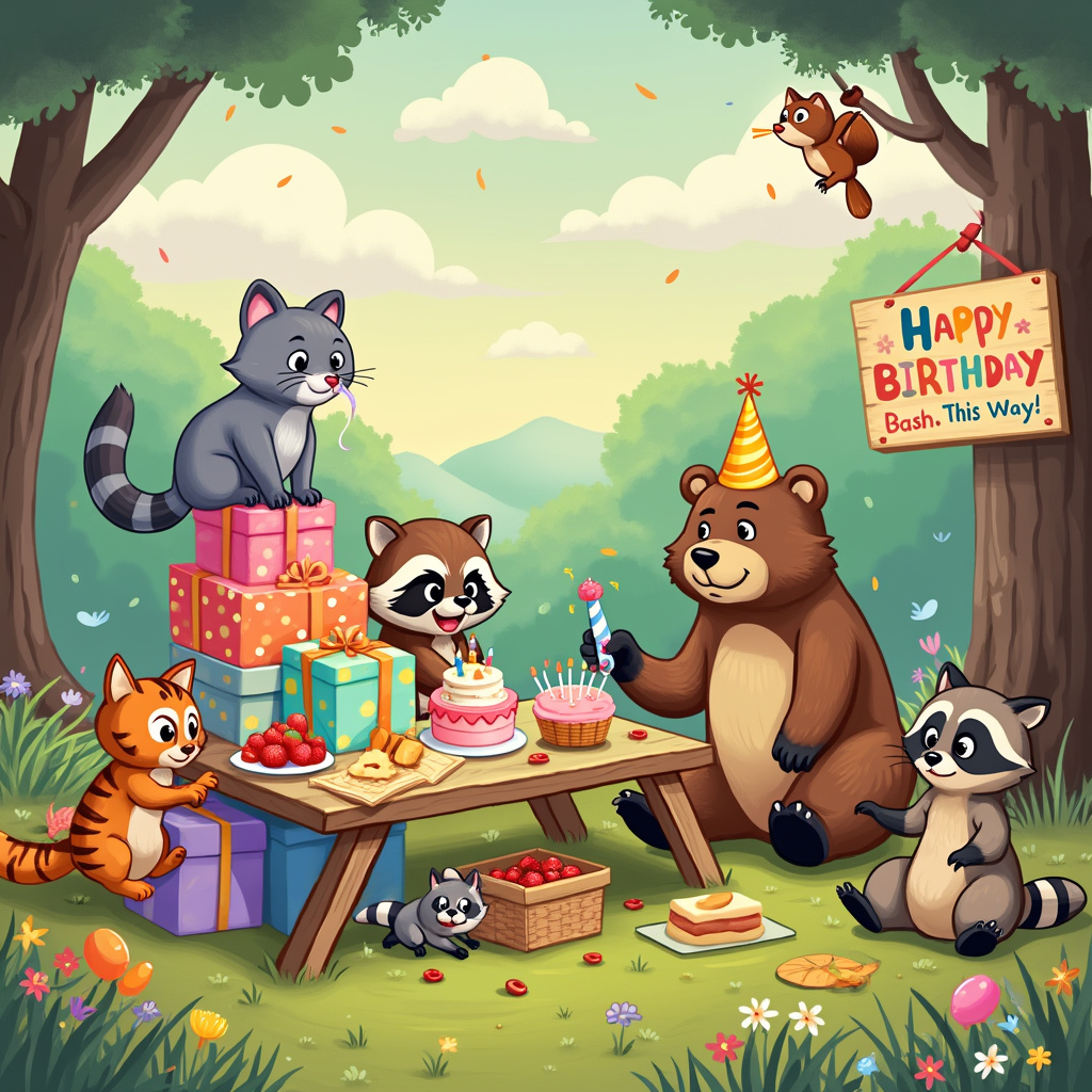 Grey fluffy cat, Brown stripe cat , Racoons , and Bear Birthday Card