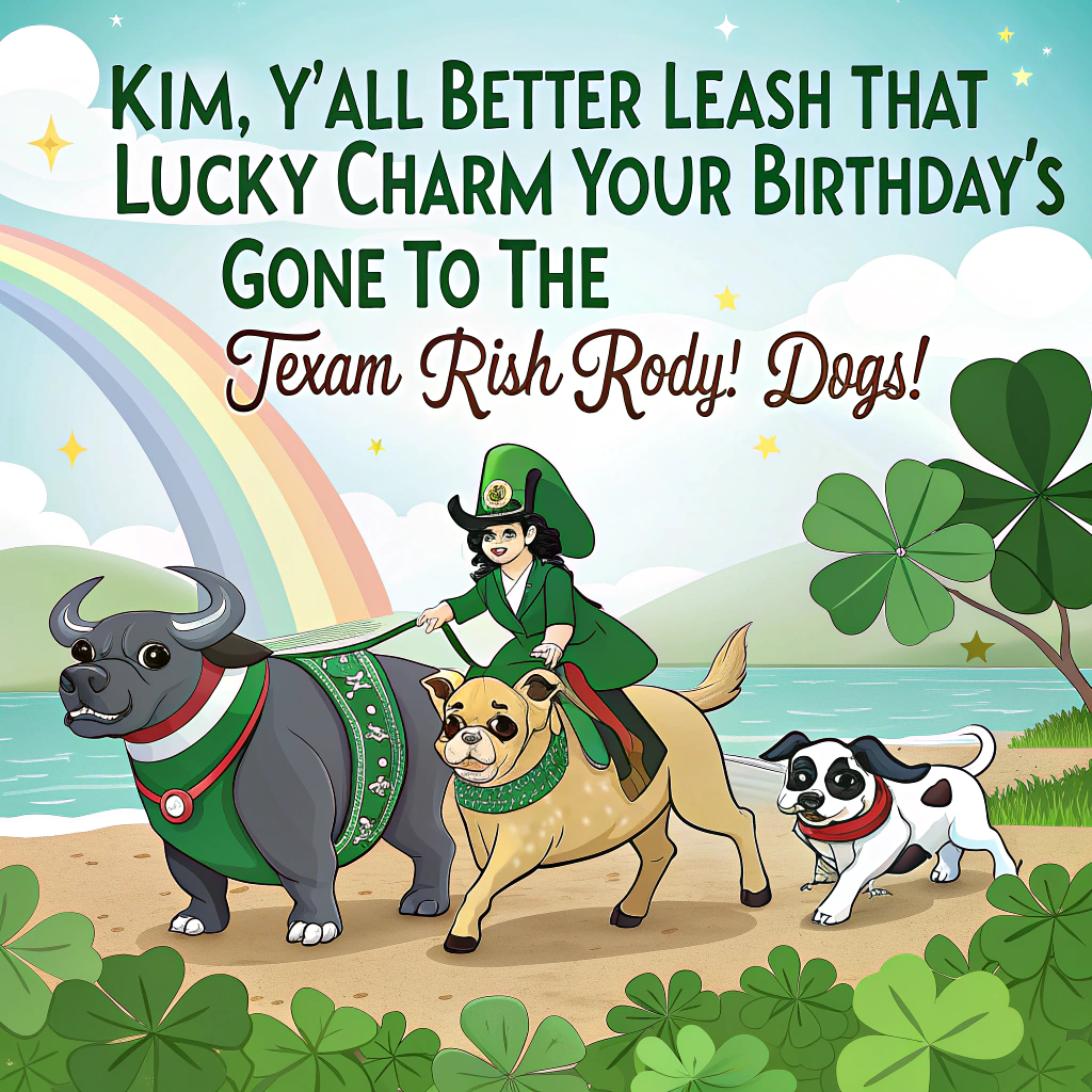 At the top of the image, "Kim, y'all better leash that lucky charm—your birthday’s gone to the (Texan-Irish-Rhody) dogs!"  

- Create a vibrant, vector-style scene featuring a pack of cartoon dogs dressed in absurd combinations of St. Patrick’s Day gear and cowboy outfits—think leprechaun hats, green boots, and spurs.  
- One pug is riding a miniature mechanical bull in the middle of a birthday party set in a scenic Rhode Island harbor, with shamrocks blowing in the breeze.  
- A Boston Terrier stands atop a lobster trap wearing a cowboy hat and green bandana, blowing a party horn.  
- In the background, a sign reads: “Welcome to Paw-dy Island – Population: KIM’s Birthday”  
- A rainbow arcs across the sky, landing in a dog bowl full of glittery dog treats shaped like the state of Texas.
Generated with these themes: Dogs, Rhode island , Leprechauns , and Texas.
Made with ❤️ by AI.