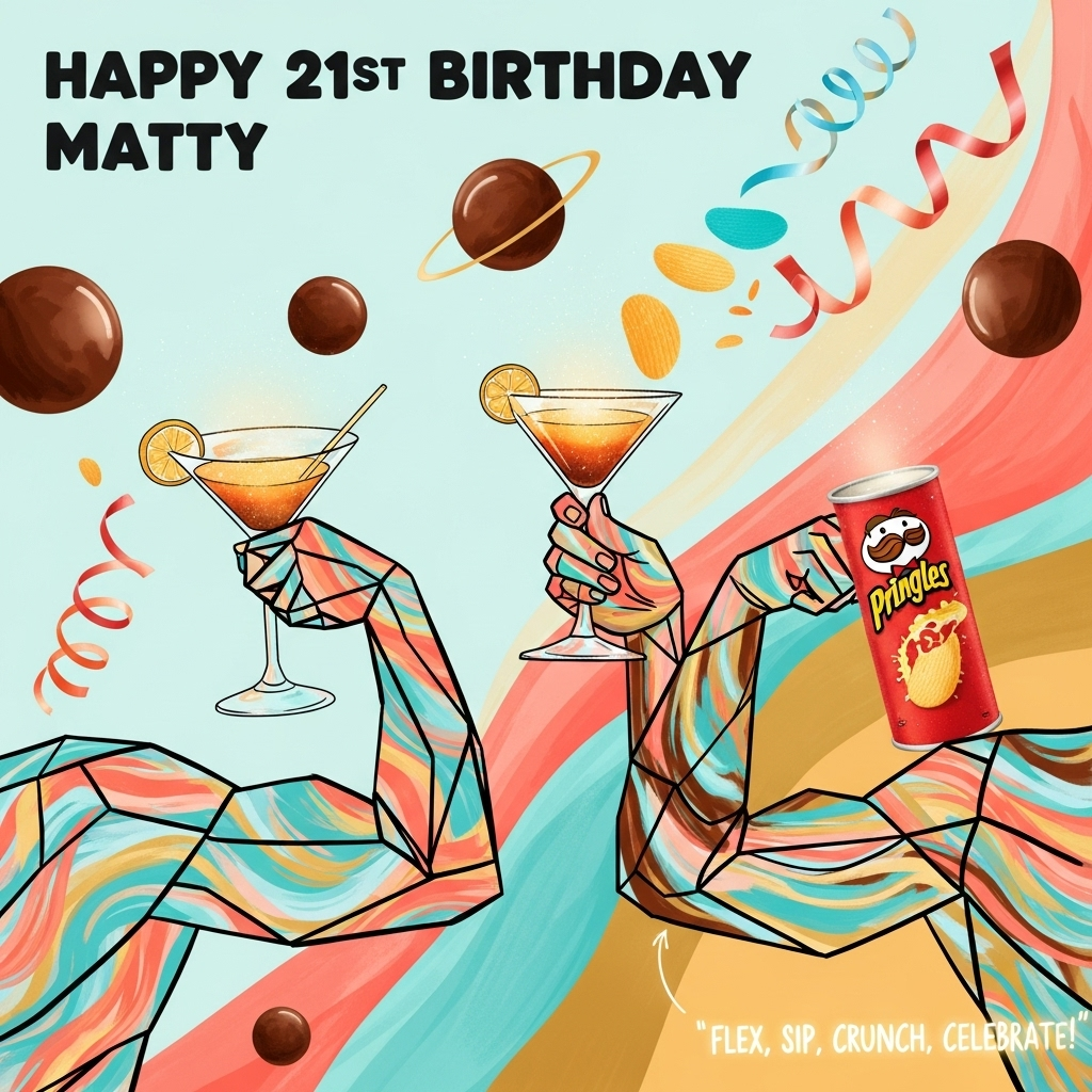Body building , Expreso Martini , Whisper Chocolat , Pringles crisps, and Birthday Card