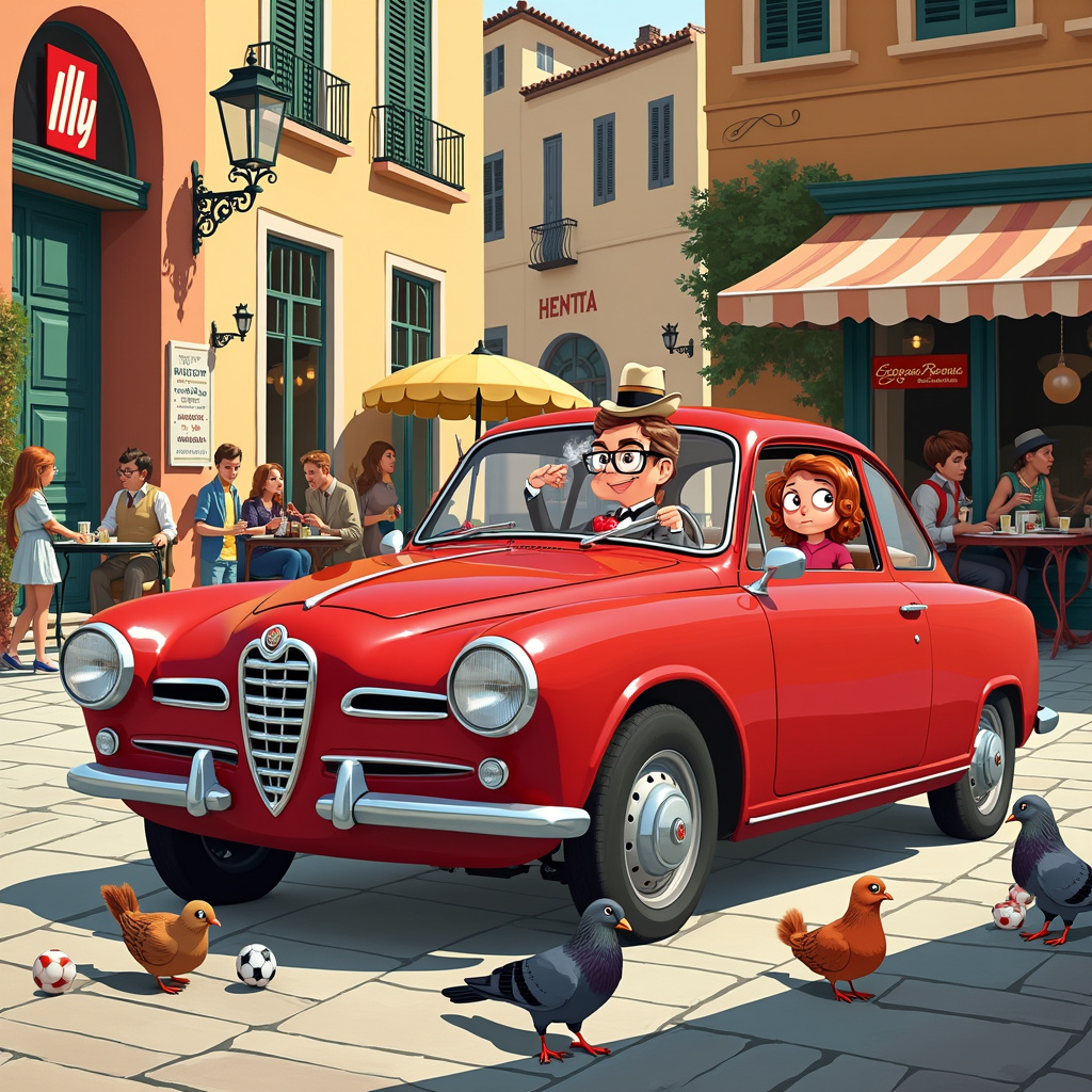 The scene unfolds in a vibrant Italian piazza, bustling with activity and framed by classic Mediterranean architecture. Center stage is an elegantly retro Alfa Romeo Giulietta Sprint, its red paint gleaming under the afternoon sun. The car's iconic design, attributed to the legendary Franco Scaglione, takes up a good portion of the foreground, with its sleek curves and aerodynamic form expertly captured.

Inside the car, two cartoon characters—a quirky husband and his stylish wife, both resembling caricatures reminiscent of Schulz’s Peanuts but with a touch of Tezuka’s expressive style—are sharing an Illy espresso. They each hold a tiny, intricately designed espresso cup, steam whimsically curling from the hot beverages, illustrating a moment of shared delight.

On the car’s hood, perched comfortably and striking a pose of nonchalant elegance, is a small, cartoonish Franco Scaglione. He is depicted with exaggerated features, such as oversized glasses and a jaunty beret, playfully holding a drawing pencil. He points towards the couple, as if proudly showcasing his automotive masterpiece that now serves as a romantic backdrop.

Surrounding the car, the piazza is alive with whimsical details: a vendor’s cart selling Italian pastries, children playing with an oversized soccer ball, and a trio of pigeons sipping espresso from miniature cups on a cobblestone ledge. To the left, a vintage signpost with the names of famous Italian landmarks adds depth, giving a nod to Hergé’s detailed settings in Tintin.

In the background, there's a quaint Illy espresso café, its signage artistically crafted in a style inspired by Bill Watterson, giving it a playful yet sophisticated look. The café’s outdoor seating area, adorned with tiny, round tables and striped umbrellas, creates a cozy atmosphere, with patrons depicted in a variety of comical poses and expressions.

Lastly, tucked away in the right corner, a Far Side-esque twist is included: a small cartoon dog, dressed in a trench coat and fedora, suspiciously sips an espresso while reading a newspaper titled “Anniversary Secrets.” This adds an element of surprise and humor, a nod to Gary Larson’s eccentric style.

This detailed scene tells a rich, engaging story, blending automotive elegance, Italian coffee culture, and quirky characters in a lively anniversary celebration.
Generated with these themes: Alfa Romeo, Franco scaglione, and Illy espresso.
Made with ❤️ by AI.