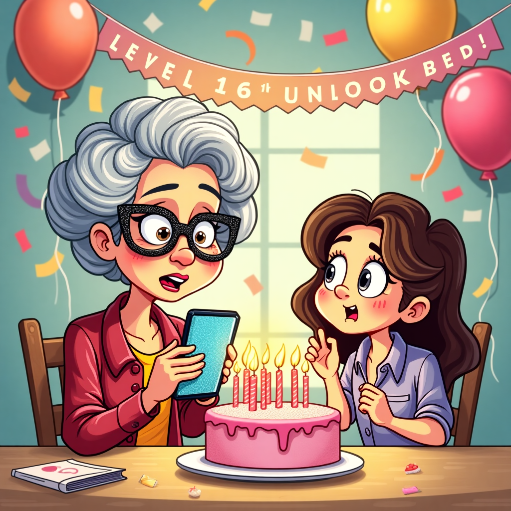 **Prompt for image generation:**

At the top of the cartoon image, "Spectacular Birthday Wishes to Granddaughter Harriet — 16 and Still Not Seeing My Texts!"

Create a cartoon-style image featuring a hip grandmother squinting over the top of her oversized, glittery spectacles, holding a giant smartphone upside-down with a confused expression. Next to her, a trendy teenage granddaughter (Harriet) is blowing out candles on a sparkly 16th birthday cake, rolling her eyes playfully. The background is festively decorated with streamers, balloons shaped like glasses, and a “Level 16 Unlocked!” party banner. The whole scene should have a bright, whimsical palette and a cheeky, fun vibe.
Generated with these themes: Spectacles, and Granddaughter.
Made with ❤️ by AI.