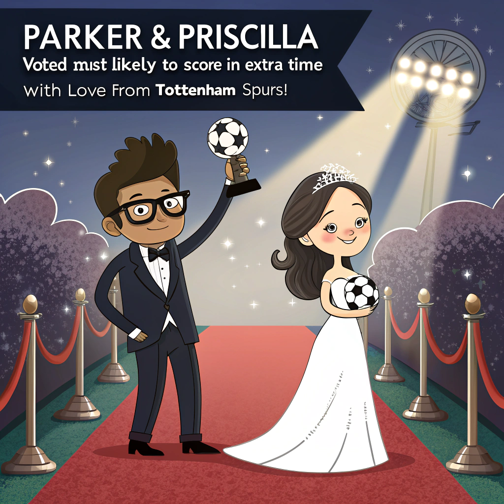 With the best wishes from Tottenham spurs, The groom and bride with black hair, The groom with glaeese, In an award ceremony scene, and Wedding Card