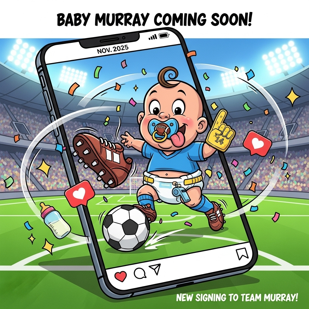 At the top of the Cartoon Style image, Baby Murray coming soon! Nov 2025

- Style: Playful, exaggerated cartoon with thick black outlines, bright saturated colors, and a bouncy, energetic vibe; portrait orientation, large image with minimal text.
- Scene: A chubby-cheeked baby boy as a tiny football star on a vivid green pitch inside a roaring stadium, confetti flying. The baby is mid-dribble with a giant classic football, one oversized boot hilariously flying off, tongue-out grin, single hair curl, and a pacifier shaped like a mini football.
- Outfit/props: Oversized jersey and droopy socks, giant cleats, diaper peeking; baby bottle as a sporty water bottle; whistle-shaped diaper pin; little foam-finger on one hand (number shape only, no extra text).
- Instagram vibe: Frame the action inside a large, tilted smartphone screen with an Instagram-style gradient ring and glossy heart/comment icons floating around (no extra words), plus sparkly filters and playful stickers feel.
- Composition: Dynamic action lines, subtle stadium lights flare, candy-color palette (emerald pitch, sky blue, sunshine yellow, coral pink, royal purple); keep the baby big and central.
- Extra small caption (one line): At the bottom of the image, in bold, friendly hand-lettering: New signing to Team Murray!
Generated with these themes: Football baby boy,instagram, and .
Made with ❤️ by AI.