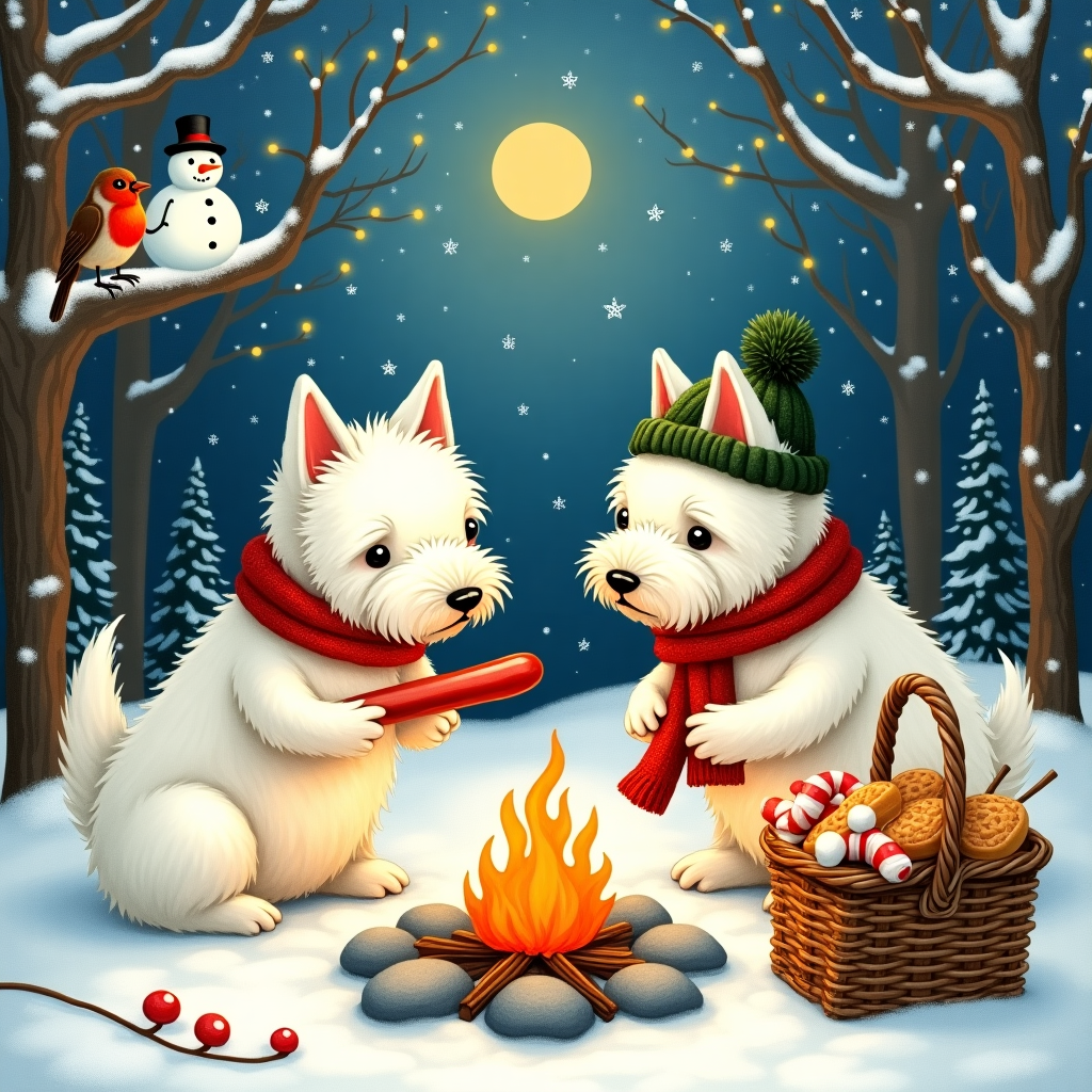 2 West Highland terriers roasting hotdogs by the fire Christmas Card
