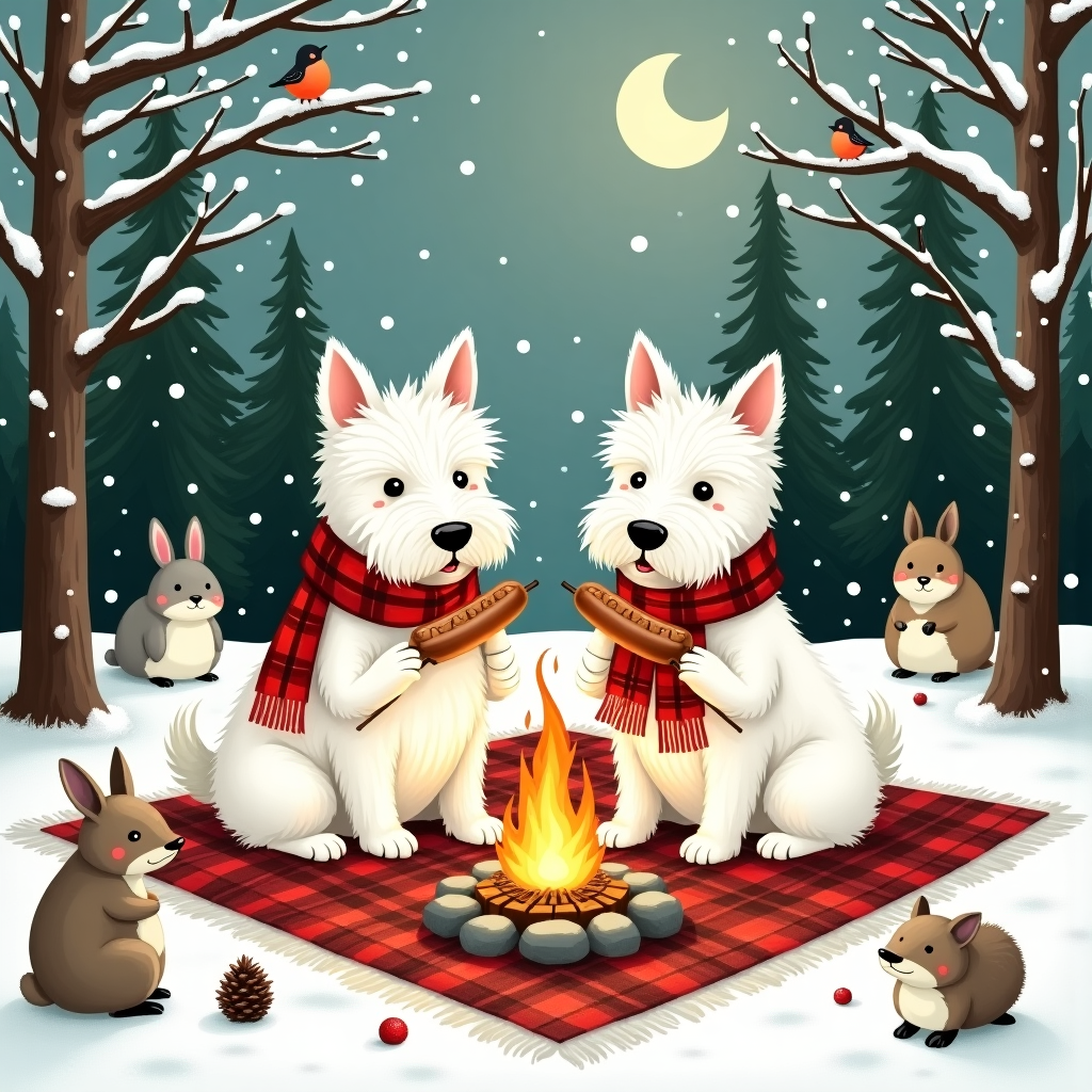 2 West Highland terriers roasting hotdogs by the fire Christmas Card