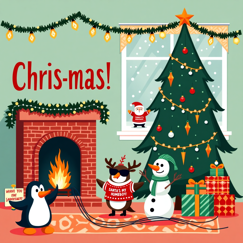 Picture a whimsical Christmas card scene set in a cozy living room, infused with a hearty dose of dad jokes. In the center, a fireplace crackles merrily, with stockings hung with care. Above the mantle, a garland of twinkling lights spells out "Chris-mas!" with the "Chris" part styled in bold red and green letters, ensuring our recipient feels especially celebrated. To the left, a large, decorated Christmas tree stands proudly, adorned with quirky ornaments like tiny knitted sweaters and snowman faces wearing sunglasses. Perched at the top, instead of a traditional star, sits a mini Santa sporting a "Santa's My Homeboy" t-shirt, waving merrily.

Underneath the tree, a penguin, dressed in a Hawaiian shirt and sunglasses, holds a surfboard that reads, "Snow Problem!" in large letters. Next to him, a grinning reindeer wearing oversized aviator glasses and a scarf is tangled up in a string of Christmas lights. Beside this comedic duo, a stack of presents sports gift tags with puns like "Have an Ice Christmas!" and "Yule be Sorry!"

In the background, a window reveals a snowy outdoor scene with a snowman sporting a sign that says, "I’m having a meltdown!" and a collection of icicles hang humorously from the roof, shaped like elongated exclamation points. A paper chain garland stretches across the top of the window, cleverly interspersed with dad jokes like, "What do you call an elf who sings? A wrapper!"

The card is alive with bright colors, particularly reds, greens, and whites, with a bold and playful design aesthetic inspired by artists like Geo Law and Malika Favre, capturing the joy and humor of the holiday season.
Generated with these themes: dad jokes.
Made with ❤️ by AI.