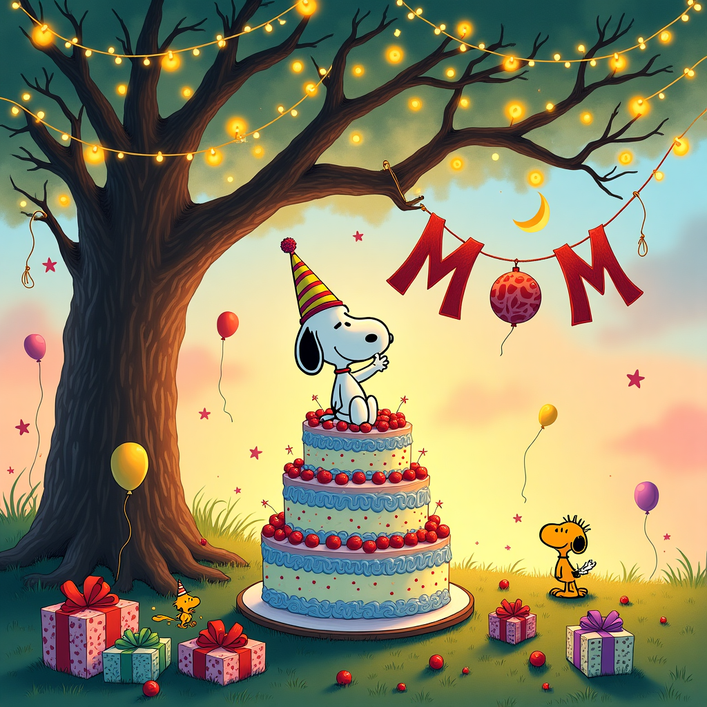 **Front Cover Description:**

**Scene:** Imagine a bustling birthday scene set in a whimsical, slightly exaggerated style reminiscent of a classic illustration. The main focus is a charming, hand-drawn illustration of Snoopy in a lively, detailed environment filled with birthday elements. 

**Background:** The backdrop features a large, sprawling tree with branches adorned in twinkling fairy lights, casting a soft, warm glow across the scene. In the distance, there is a sunset sky blending vibrant hues of pastel pinks, oranges, and soft blues, reminiscent of Maxfield Parrish’s ethereal backgrounds. On the horizon, a small crescent moon peeks out, adding a touch of whimsy.

**Foreground Elements:**
1. **Snoopy:** At the center, Snoopy stands jubilantly on top of an oversized, three-tiered birthday cake. The cake is richly decorated in a playful, colorful palette with icing in swirls of blues and yellows, accented with red cherries and sprinkles.

2. **Banner:** Above Snoopy, tied between two tree branches, is a lively banner. It’s illustrated in a Beatrix Potter-like delicate style with vibrant blues and yellows. The banner playfully sways with the word "Mom" written in cheerful, bouncy lettering, adding a touch of sentimentality.

3. **Party Details:**
   - **Balloons:** A cluster of balloons floats around the tree branches. Each balloon is decorated with intricate patterns and pastel shades, reflecting an Edward Gorey-esque attention to detail.
   - **Presents:** At the base of the tree, scattered are several presents wrapped in a variety of quirky, patterned papers and tied with exaggeratedly large bows in bright reds, greens, and purples.
   - **Characters:** Alongside the cake, other Peanuts characters like Woodstock can be seen playfully interacting with the scene. Woodstock is depicted fluttering with a small party hat, adding to the dynamic nature of the illustration.

**Ground Details:** 
The ground is dotted with daisies and a patchwork of grass, illustrated with the precise, detailed strokes of an Arthur Rackham piece. A few scattered, colorful confetti pieces complete the festive feel.

**Color Palette:** The scene utilizes a rich palette inspired by N.C. Wyeth’s vivid color use, ensuring each element pops with life and character.

This card front is designed to be both a visual feast and a heartfelt nod to moms, blending humor and whimsy in a scene celebrating the joy of birthdays.
Generated with these themes: A snoopy theme birthday card.
Made with ❤️ by AI.