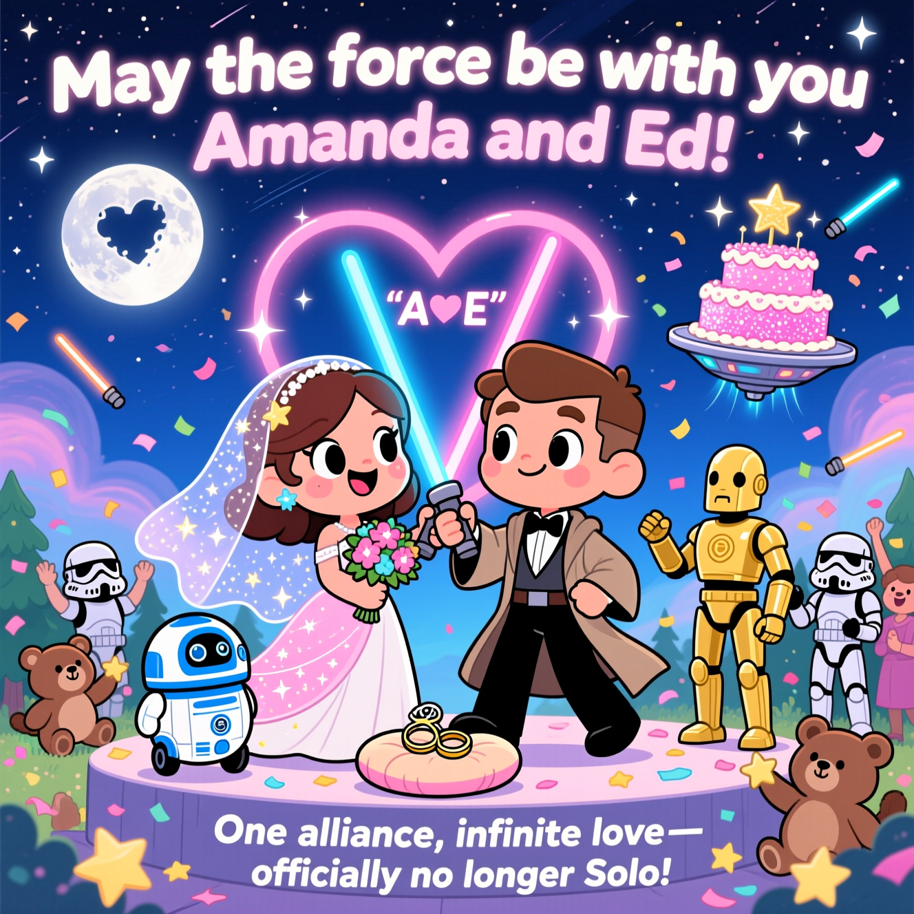 At the top of the Cartoon Style image, "May the force be with you Amanda and Ed"

At the bottom of the Cartoon Style image, "One alliance, infinite love—officially no longer Solo!"

- Scene: A cute, playful galactic wedding. Center stage, two chibi-style newlyweds as joyful Jedi: Amanda in a flowing stardust veil and star-sparkled bouquet, Ed in a tux layered with a short Jedi robe. They hold pastel-blue and pastel-pink lightsabers that cross above them to form a glowing heart.
- Characters: Exaggerated proportions, big sparkling eyes, tiny feet, thick black outlines, energetic poses. A round blue-and-white droid rolls in with the rings on a cushion; a tall gold protocol droid fusses proudly. Tiny teddy-bear forest critters (Ewok-like) toss star-shaped petals; a couple of stormtrooper-like guests cheer and fling confetti.
- Setting: Deep indigo space with twinkling stars and soft nebula pastels. A distant moon with a cheeky heart-shaped crater. A whimsical starship-shaped wedding cake hovers nearby with glittering icing.
- Extra details: Confetti shaped like stars and mini sabers; subtle motion lines and sparkles around the glowing heart. Optional “A ♥ E” monogram etched on the saber hilts.
- Text styling: 
  - Top headline in big, bubbly retro-sci‑fi letters, bright white with a soft neon-cyan glow, gently arched over the couple.
  - Bottom punchline in a playful comic font on a slim golden ribbon banner, bold and easy to read.
- Color palette: Bright saturated tones—candy pinks, neon cyans, sunshine yellows, cosmic purples—keeping everything cute, vibrant, and celebratory.
Generated with these themes: Star wars, and .
Made with ❤️ by AI.