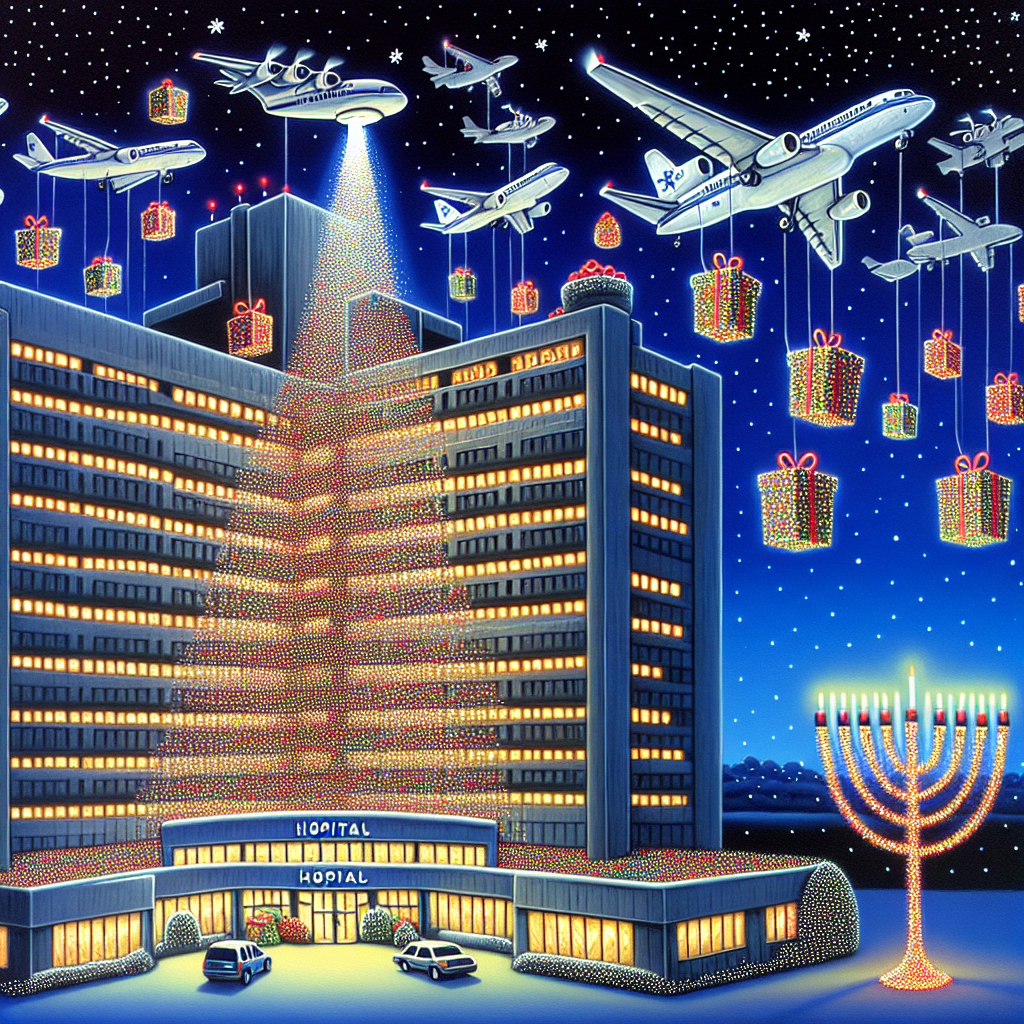 Vector image of a unique holiday ambiance where airplanes are dropping gifts over a hospital adorned with Christmas lights, with a large menorah in the foreground.
Generated with these interests: Aviation , Medicine , and Jewish.
Made with ❤️ by AI.