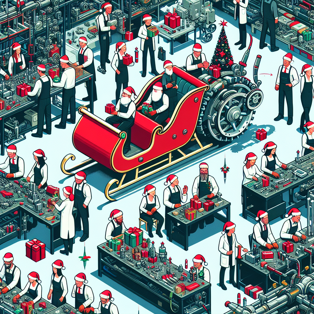 A Christmas-themed illustration depicts a bustling factory floor with engineers and workers wearing Santa hats. They are working on a new project: a state-of-the-art sleigh with aeronautical enhancements. Amidst the machinery and engineering tools, they're assembling high-tech propulsion systems, guaranteeing a merry and efficient delivery route for Santa.
Generated with these themes: Factory, Engineering, Aeronautical, Workers, Engineers, and New project.
Made with ❤️ by AI.
