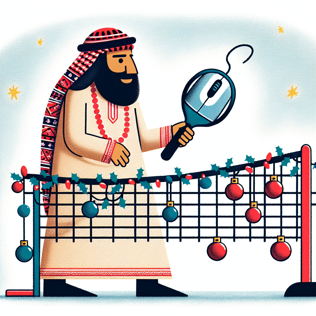 Illustration of a festive Christmas scene where a person dressed in traditional Mexican attire is playing tennis using a computer mouse as a racket, with Christmas ornaments and decorations hanging from the net.
Generated with these interests: Mexico, Tennis, and Computers.
Made with ❤️ by AI.