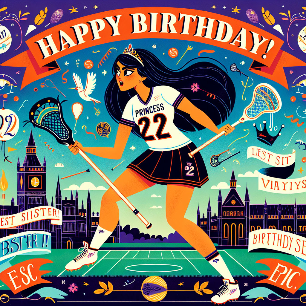 A vivid and whimsical illustration that embodies a festive atmosphere. The backdrop is the scenic town of Cambridge. Central to this image is a dark-haired character who bears some resemblance to a well-known princess character but is distinctly characterized with a sporty vibe. This character is expertly handling a lacrosse stick. Floating above her head are playful, bold letters forming the message 'Happy Birthday!' which integrate elements symbolizing her position as a varsity team captain. Nearby, a banner displays the phrases 'Best Sister' and 'Epic'. On her jersey appears the number '22', pointing to a significant 22nd birthday celebration.
Generated with these themes: Happy Birthday Jasmine!, Lacrosse , Cambridge, Best sister, Epic, Varsity captain, 22nd birthday, and Dark hair.
Made with ❤️ by AI.