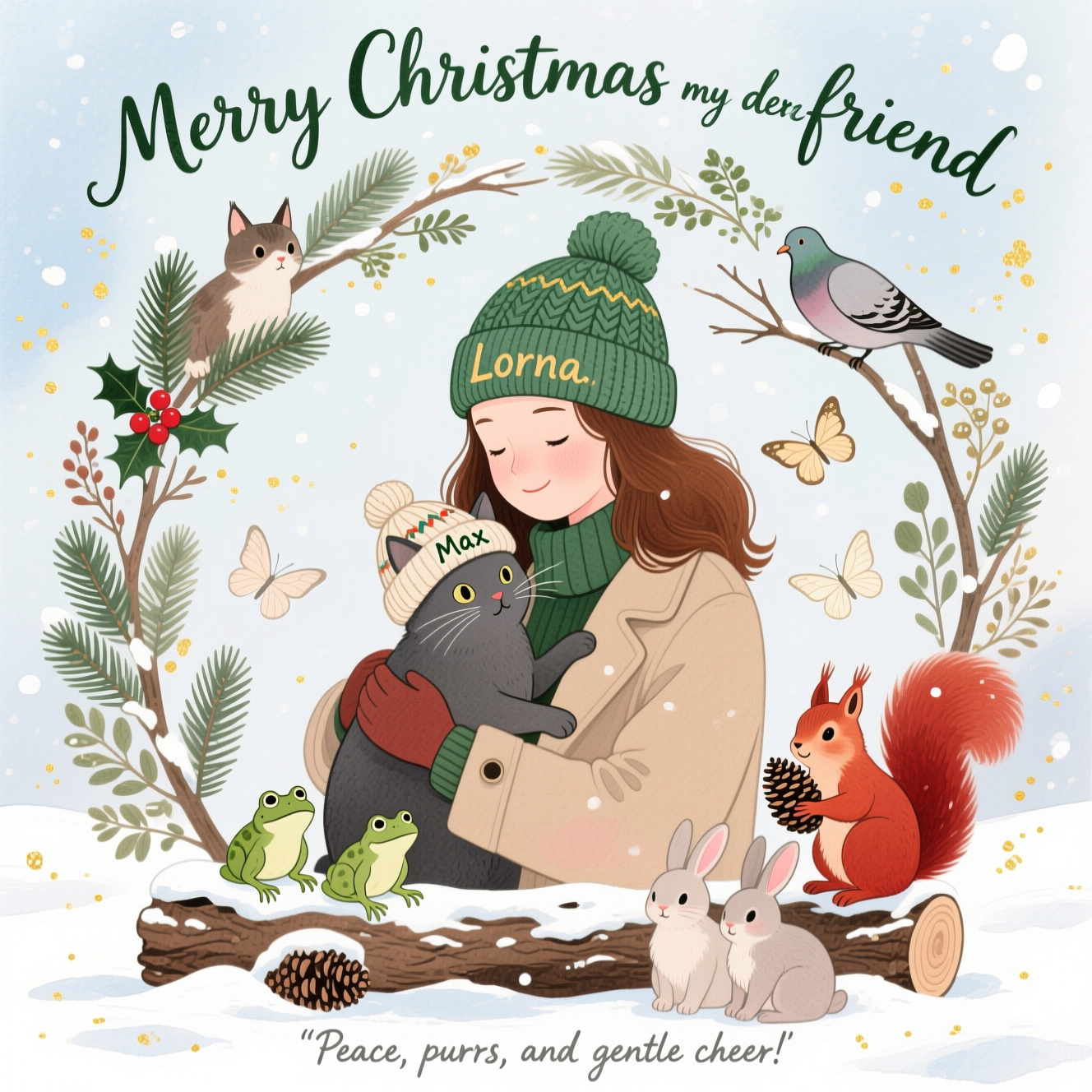 At the top of the Watercolor Style image, Merry Christmas my dear friend 

Sincere, soft watercolor winter portrait: a brown‑haired woman in a cozy coat and cable‑knit beanie, the beanie front stitched with “Lorna.” She gently cradles a dark gray cat wearing a tiny knitted hat embroidered “Max.” Center them and surround with a circular wreath of evergreens and snow-kissed botanicals—holly, pine, mistletoe—forming a protective, airy ring of friendly wildlife: a couple of extra cats peeking from boughs, two small green frogs perched on a snow‑dusted log, two red squirrels with fluffy tails hugging pinecones, two mourning doves resting on slender branches, three delicate pale butterflies drifting, and two soft bunny rabbits nestled at the base. Keep the animals peaceful, slightly stylized, and harmoniously spaced so it feels calm, not crowded.

Palette: pine green, cranberry red, warm taupe, cream, blush, misty blue, gentle grays. Background: an open winter wash, pale icy blue fading to creamy warmth; soft drifting snow; subtle gold-fleck spatter for festive sparkle.

Text styling: the top line hand-lettered in flowing watercolor script, deep forest green with a whisper of gold, gently arcing over the scene. Names “Lorna” and “Max” are clearly legible in knit texture on their hats.

Small caption near the bottom in tiny warm‑gray watercolor handwriting: “Peace, purrs, and gentle cheer.”

Technique: wet-on-wet washes, delicate gradients, natural cold‑press paper texture, soft edge bleeds, pigment blooms, minimal outlines. Serene light, heartfelt mood. Portrait composition with generous breathing room above for the header text.
Generated with these themes: .
Made with ❤️ by AI.