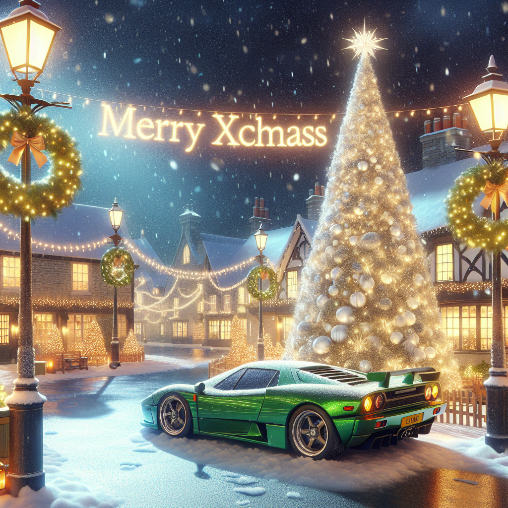 An idyllic village square illuminated by festive lights, with a green Porsche 911 parked by a giant sparkling Christmas tree. Snowflakes gently fall around as a series of 'Merry XMASS' letters hang above the scene, strung between the lampposts.
Generated with these themes: porsche 911.
Made with ❤️ by AI.