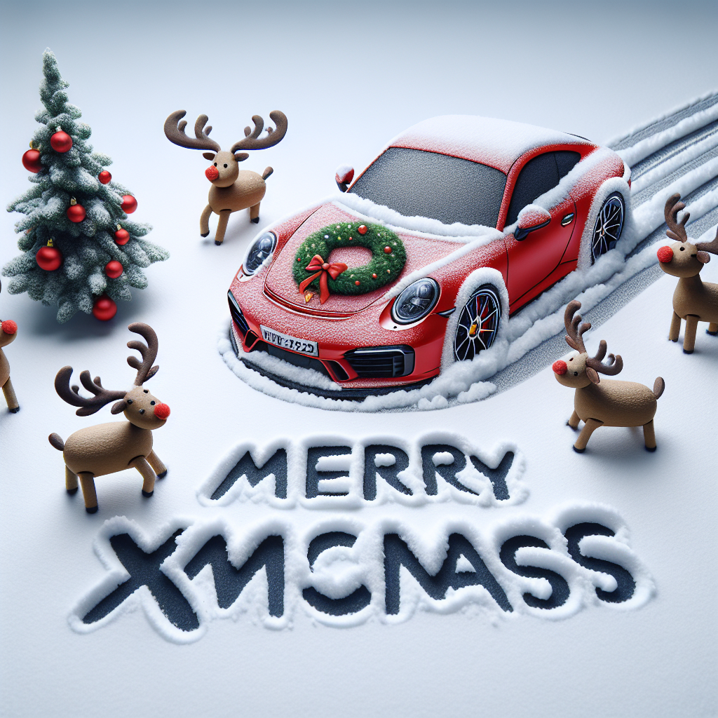 A snowy scene with a red Porsche 911 adorned with a wreath on its hood, surrounded by cheerful cartoonish reindeers. A decorated Christmas tree stands next to the car, and the festive phrase 'Merry XMASS' is written in the snow in front of the car in bold, cheerful lettering.
Generated with these themes: porsche 911.
Made with ❤️ by AI.