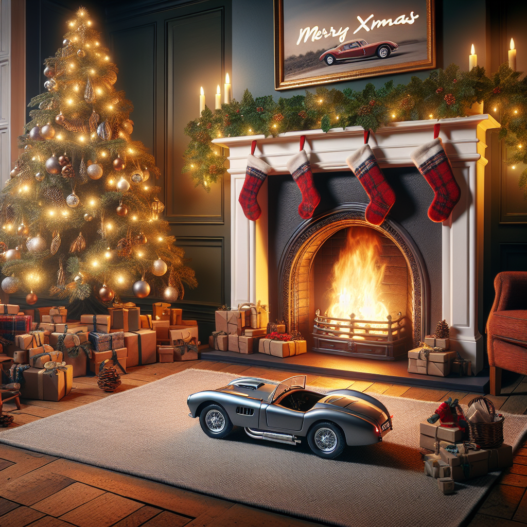 A cozy living room with a fireplace, a Christmas tree decorated with baubles, and stockings hanging. A miniature Porsche 911 model sits under the tree, surrounded by presents. Above the mantel, 'Merry XMASS' is inscribed in a garland of holly and ivy.
Generated with these themes: porsche 911.
Made with ❤️ by AI.