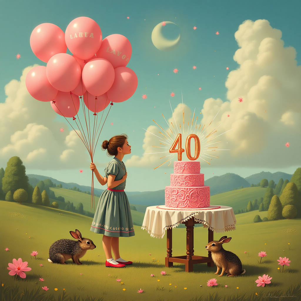 In the surreal birthday scene, imagine a whimsical landscape where a gentle breeze blows across a fantastical field. At the center stands a poised, sober girl, elegantly attired in a vintage-inspired dress that seems to draw influence from Beatrix Potter's gentle colors and Edward Gorey’s slightly elongated style. She holds a bouquet of balloons of varying sizes and shapes, all shimmering with a metallic sheen. The balloons are a riot of colors but predominantly feature a soft pink with embedded sparkles that catch the sunlight and scatter glints of magic across the scene.

In the background, the landscape is composed of rolling hills reminiscent of Maxfield Parrish's dreamlike vistas, bathed in an ethereal twilight glow. Above, the sky is a vibrant tapestry painted with swirling clouds that morph into whimsical shapes. Within these clouds, the name "Laura" is subtly formed, cleverly disguised in the playful puffiness yet unmistakably clear to the viewer, echoing Quentin Blake’s playful yet sophisticated touch.

To the right of the girl, a charming table is set, its legs twisted in a style echoing Arthur Rackham’s organic and fluid lines. On the table rests an ornate cake, four-tiered with cascading layers of pink frosting adorned with intricate patterns reminiscent of Aubrey Beardsley’s intricate designs. Atop the cake, the number "40" is boldly represented by sparklers that fizz and crackle in a dazzling display, a nod to Maurice Sendak’s sense of whimsy.

Scattered across the foreground are critters styled after N.C. Wyeth and Norman Rockwell, adding a touch of Americana and narrative depth. A rabbit peers curiously at the girl, while a hedgehog appears ready to scuttle under the tablecloth, clutching a small balloon of its own. The air is filled with tiny pink sparkles that gently drift down like soft snowflakes, twinkling as they settle softly on the scene, creating a sense of motion captured in a frozen, timeless moment.
Generated with these themes: Sober girl , 40, Balloons , and Pink sparkles .
Made with ❤️ by AI.