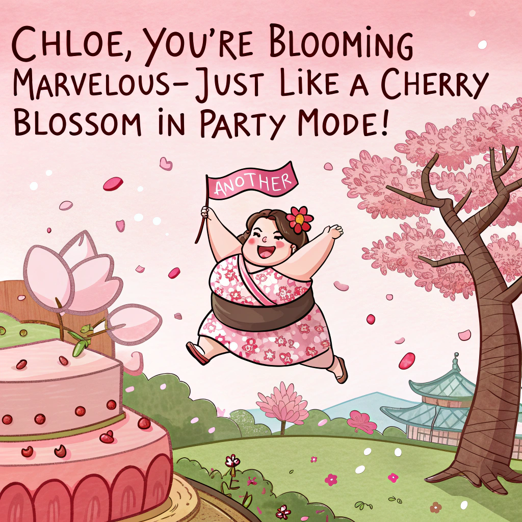 At the top of the image, "Chloe, you're blooming marvelous—just like a cherry blossom in party mode!"

- In the center of the image, depict a cartoon-style Japanese garden scene under a shower of cherry blossom petals. 
- Chloe is illustrated as a happy sumo wrestler in a pink floral mawashi, balancing a giant sushi cake topped with sparklers.
- Around her, giggling geisha cats and dancing origami cranes toss confetti, and a wise old bonsai tree in sunglasses holds up a banner that reads, “Another year? No prob-ramen!”
- The entire image pops with pastel pinks, bold linework, and a mischievous twinkle.
Generated with these themes: Japan, and Blossom trees.
Made with ❤️ by AI.