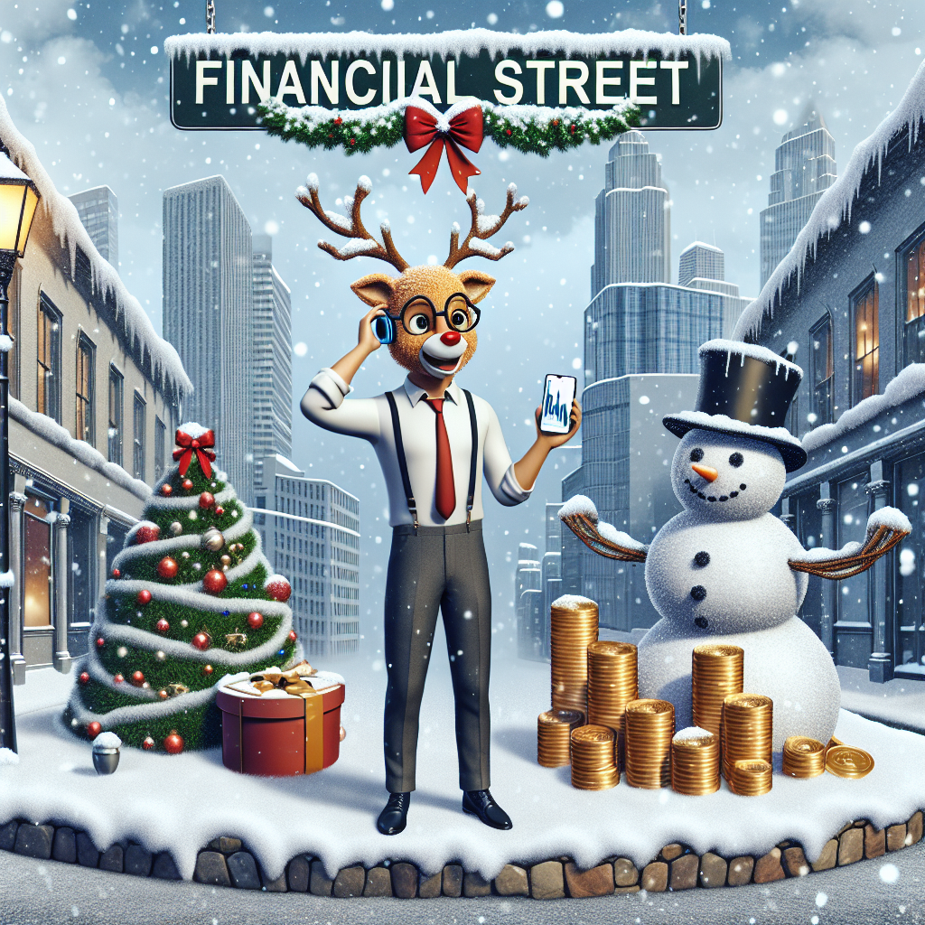 In this delightful Christmas illustration, a winter scene unfolds on Wall Street with snowflakes gently falling on the bustling market below. A jolly reindeer, wearing a tie and spectacles, examines stock trends on a smartphone, standing in front of the iconic Wall Street sign, which is adorned with holly berries and a red bow. Beside him, a snowman fashioned from stacks of gold coins wears a top hat with the ticker tape wrapped around it, showcasing the festive spirit intertwining with the financial world.
Generated with these themes: Stock market, and Wall street.
Made with ❤️ by AI.
