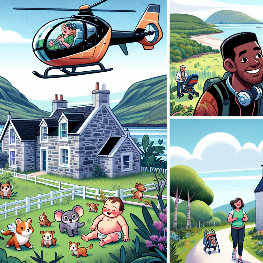Create a whimsical illustration of a secluded Scottish isle featuring a delightful grey stone cottage. Above, a quirky animated helicopter donning a pilot's cap gleefully hovers, delivering a joy-bringing package symbolising a newborn. Next to the abode, a Black male character depicted as a voiceover artist narrates a fairytale to an assembly of baby creatures, exuding warmth and conviviality. Additionally, a South Asian female character is seen jogging along a picturesque trail pushing a baby pram, further engendering a sense of community within the scene.
Generated with these themes: Jogging, Helicopter Pilot, Voiceover Artist, Remote Scottish island, Scotland, and Grey stone house.
Made with ❤️ by AI.