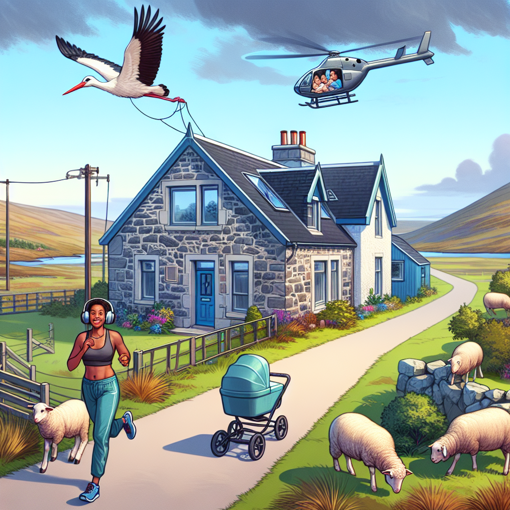 Jogging, Helicopter Pilot, Voiceover Artist, Remote Scottish island, Scotland, and Grey stone house New-baby Card