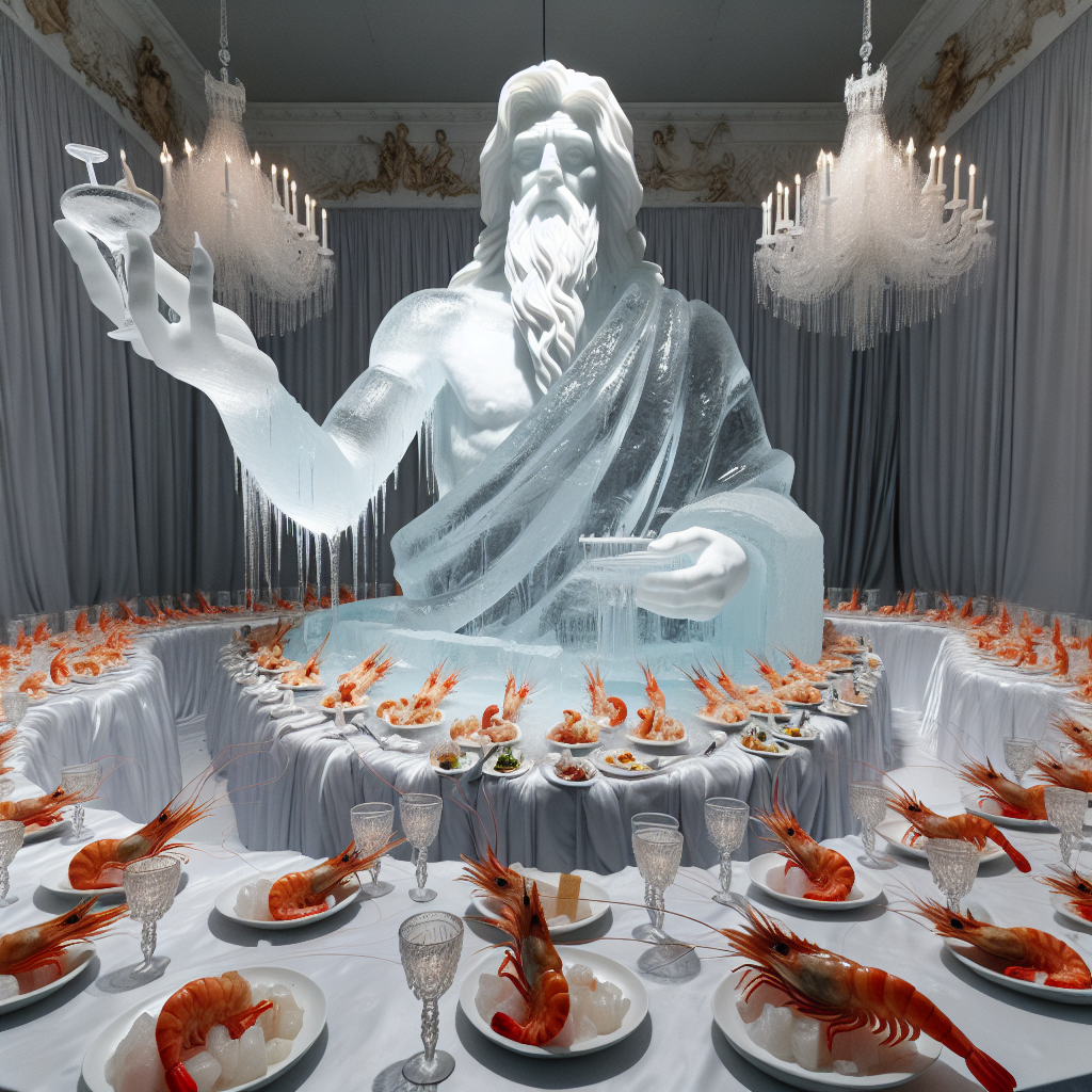A surrealistically realistic birthday scenario that captures the viewer's attention with its pronounced dichotomy. An imposing ice sculpture, meticulously carved to represent a iconic religious figure, is centrally located, reaching out in a gesture of acceptance. Surrounding this sculpture, tables adorned with delicate, translucent fabric carry dishes filled with gleaming prawns. Each appetizer is skilfully arranged and displayed as if it were a masterpiece of art. This environment, created with both simplicity and grandeur in mind, evokes feelings of reverence mixed with indulgence.
Generated with these themes: Prawns, and Jesus.
Made with ❤️ by AI.