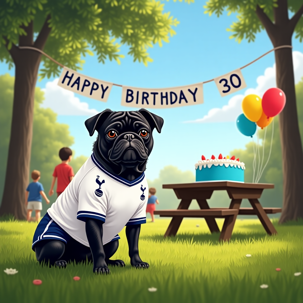 Black pug wearing a Tottenham hotspur football kit Birthday Card