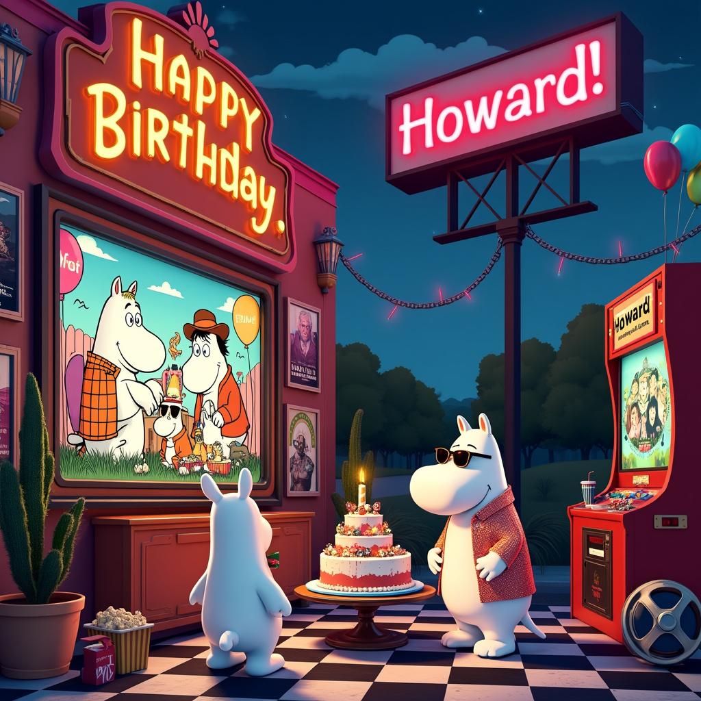 The scene is set in a vibrant, retro movie theater that exudes a distinct 80s aesthetic. Above the entrance, the marquee glows brightly in neon letters, proclaiming 'Happy Birthday, Howard!' Inside, the walls are adorned with iconic movie posters from the 80s and 90s, featuring beloved classics such as 'Back to the Future,' 'E.T.,' and 'Ghostbusters.' At the center of this lively atmosphere is a large, vintage cinema screen, showcasing a special Moomins episode where the delightful characters celebrate their own birthday party for Howard. The Moomins are dressed in charming retro attire; Snufkin sports a flashy sequined jacket, while Moomintroll dons oversized sunglasses. In front of the screen stands a magnificent birthday cake with multiple tiers, each decorated with miniature figurines of famous movie characters who are joyfully interacting with the Moomins. Balloons in vibrant colors, featuring 'Howard' written in a retro font, float around the room, enhancing the festive vibe. The floor is a classic checkered black-and-white pattern, punctuated by scattered popcorn boxes, soda cups, and vintage film reels. To the side, a classic arcade game also displays 'Happy Birthday, Howard!', adding to the nostalgic ambiance. Outside, the twilight sky frames a large drive-in movie sign that whimsically spells out 'Howard' in the clouds, completing the enchanting scene.

**Summary:** A vibrant retro movie theater filled with 80s nostalgia hosts a birthday celebration for Howard, featuring Moomins, iconic movie references, and a festive atmosphere.  
Generated with these themes: Movies, Moomins, and Retro.  
Made with ❤️ by AI.  