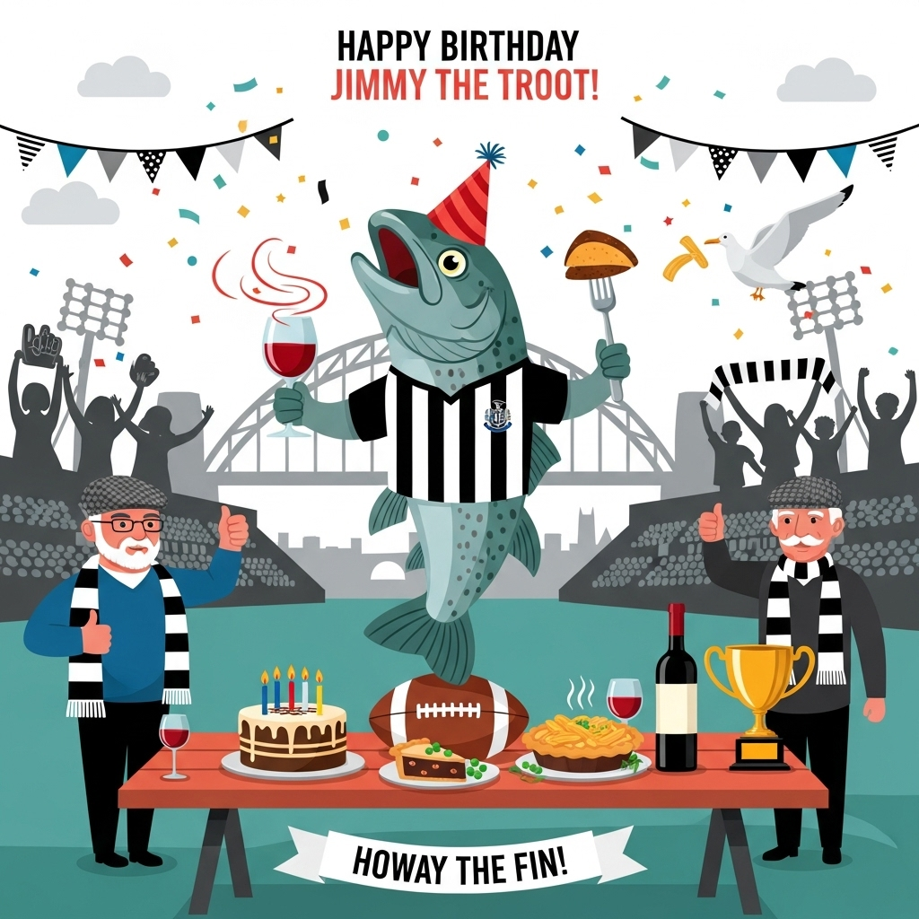 At the top of the Vector Style image, Happy Birthday Jimmy the Troot!

Clean flat-vector scene, crisp lines, solid color blocks, minimal gradients. Centerpiece: a cheeky anthropomorphic trout named Jimmy wearing a black-and-white striped football shirt (no logos), a party hat slightly askew, balancing on a classic football like a space hopper. One fin swirls a big glass of red wine; the other holds a fork skewering a chunky stottie wedge. Around him on a low picnic table: a football-shaped birthday cake with candles, a steaming pie, a pile of chips with mushy peas, and an uncorked wine bottle (unlabeled). To the side, a proud flat-cap-wearing grandad in a black-and-white scarf raises a thumbs-up, with a shiny gold fish trophy beside him (nod to grandad’s prize trout). Behind, a stylized “The Toon” backdrop: the Tyne Bridge silhouette arches across a flat sky, with minimalist stadium stands and cheering family crowd shapes (mam, dad, kids) waving foam fingers and scarves. A mischievous seagull tries to nick a chip mid-flight. Confetti and black-and-white bunting arc across the scene. Palette: bold blacks/whites with pops of toon teal, warm reds, and celebratory gold. Flat shading only, clean vector geometry, playful proportions, modern graphic precision.

Add one small, cheeky caption at the bottom on a curved ribbon: Howay the Fin!
Generated with these themes: Food, wine, sports, fam, grandads trout, the toon, and .
Made with ❤️ by AI.