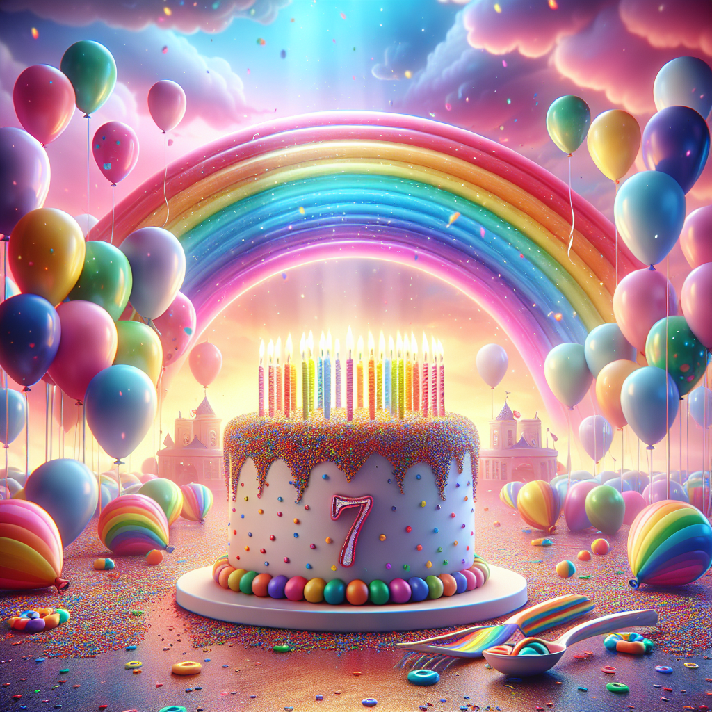 7 birthday daughter , Rainbow sky, Sky full of balloons , Birthday cake , and Bright colours Birthday Card