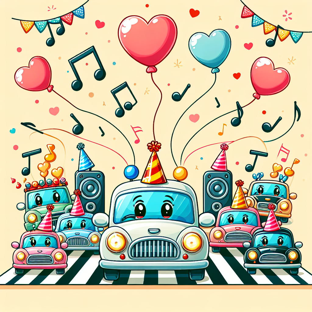 Create a cute and delightful cartoon representation of an anniversary celebration. It should feature a scene with jovial cars fitted with party hats, each broadcasting musical notes from their radio antennas. Background elements should include colorful representations of various musical instruments and visibly floating hearts, depicting a festive ambiance filled with love, and emphasizing a thematic combination of cars and music.
Generated with these themes: Cars, music.
Made with ❤️ by AI.