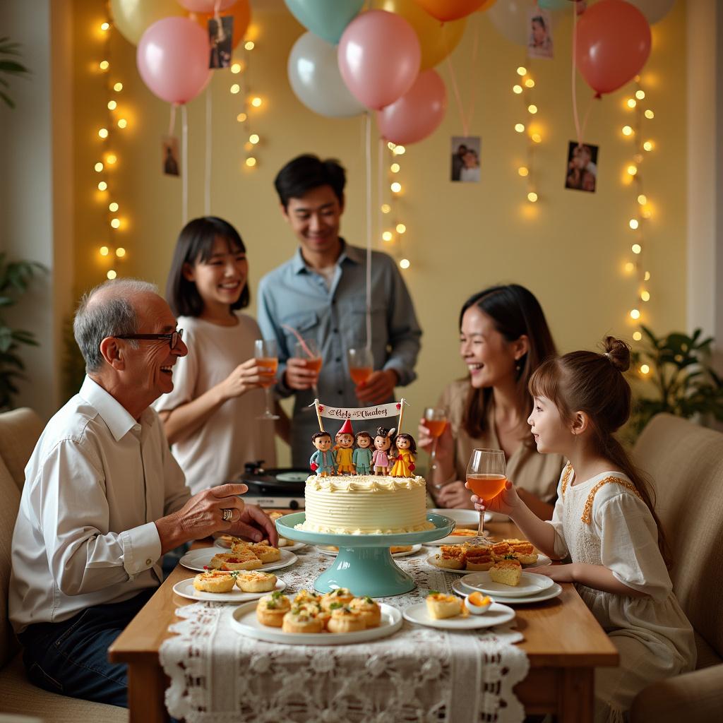 In this family celebration scene, a rectangular living room with pastel yellow walls serves as the venue, dotted with strings of warm white fairy lights. A long, beige sofa is pushed back against the wall to make space for the festivities. At one end of the room, a square oak table is covered by a white lace tablecloth. A two-tier vanilla birthday cake, decorated with colorful fondant figures resembling family members crowding around the cake, takes center stage on a baby blue cake stand in the middle of the table. The cake is topped with sparkly number candles and a mini-banner that spells out 'Birthday Cheer!'. Surrounding the cake are several ceramic plates with various finger foods such as pinwheel sandwiches, deviled eggs, and pastry puffs. To the left of the table is a vintage record player playing jovial tunes from vinyl. Each family member, varying in ages, is dressed in semi-formal attire, with party hats perched jauntily on their heads, and they hold their drinks in delicate glassware. The room is pepped up with bunches of helium balloons anchored by small, weighted bags, and each balloon string has a photo of memorable family moments attached, making a floating photo montage.
Generated with these themes: Family party together with a cake.
Made with ❤️ by AI.
