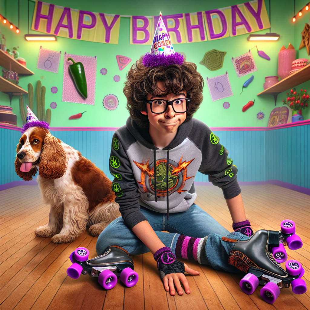 In this cheerful birthday celebration, a Middle-Eastern teenage boy with glasses and curly brown hair is the main character. He's awkwardly posed, preparing to attempt a glide with purple and pink roller skates. His faithful cocker spaniel of brown and white hues looks on with a hilarious party hat on its head. They are in a lively roller skating rink giving the scene an energetic feel. The boy is donning a hoodie featuring iconic symbols from a fictional post-apocalyptic game, introducing a gamer element to the celebration. Along the edge of the rink, a peculiar and amusing detail is a jalapeño pattern, lending a quirky and hot touch to the birthday banners. Truly an unforgettable and distinctive party.
Generated with these themes: Teenage boy with glasses and curly brown hair, Brown cocker spaniel with white, Purple and pink skates, Fallout, and Jalapeños.
Made with ❤️ by AI.