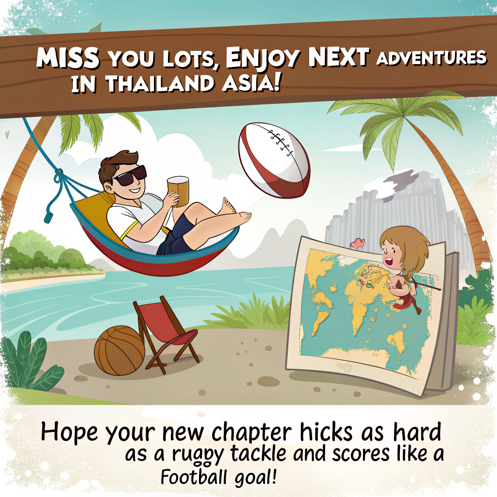 At the top of the image, "Miss you lots, enjoy next adventures in Thailand Asia!":

In the middle of the image, illustrate a whimsical scene with a rugby ball in a hammock sipping a coconut drink, a football with sunglasses kicking back in a deck chair, and a cheerful teacher in a Thai tuk-tuk holding a world map. 

At the bottom of the image, add "Hope your new chapter kicks as hard as a rugby tackle and scores like a football goal!"
Generated with these themes: Travelling , Rugby, Football, Pe trachers, Thailand , and .
Made with ❤️ by AI.