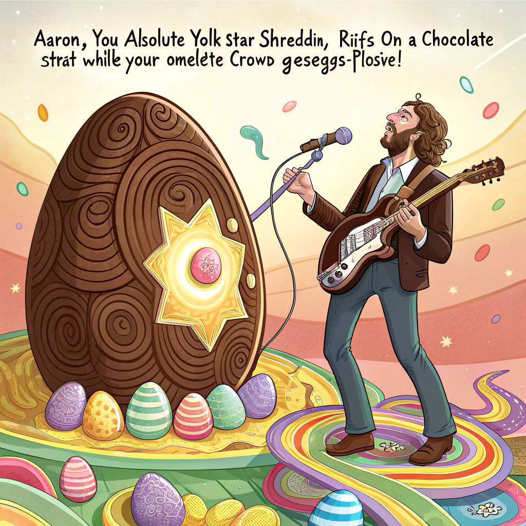 At the top of the image, "Aaron, you absolute yolk-star — shreddin’ riffs on a chocolate Strat while your omelette crowd goes eggs-plosive!"

– Abstract image concept:
A surreal, kaleidoscopic swirl of Easter-themed elements fused with musical energy — giant floating chocolate bunnies strumming glowing electric guitars, fried eggs morphing into vinyl records, pastel marshmallow chicks crowd-surfing under jellybean disco lights, and a stage made entirely of sour gummy worms.  
Bright neons clash playfully with soft candy hues, while musical notes made of licorice float chaotically around an Easter Bunny DJ spinning scrambled beats.  
It’s dope. It’s absurd. It’s deliciously loud.
Generated with these themes: Food, Guitars , and Dope music .
Made with ❤️ by AI.