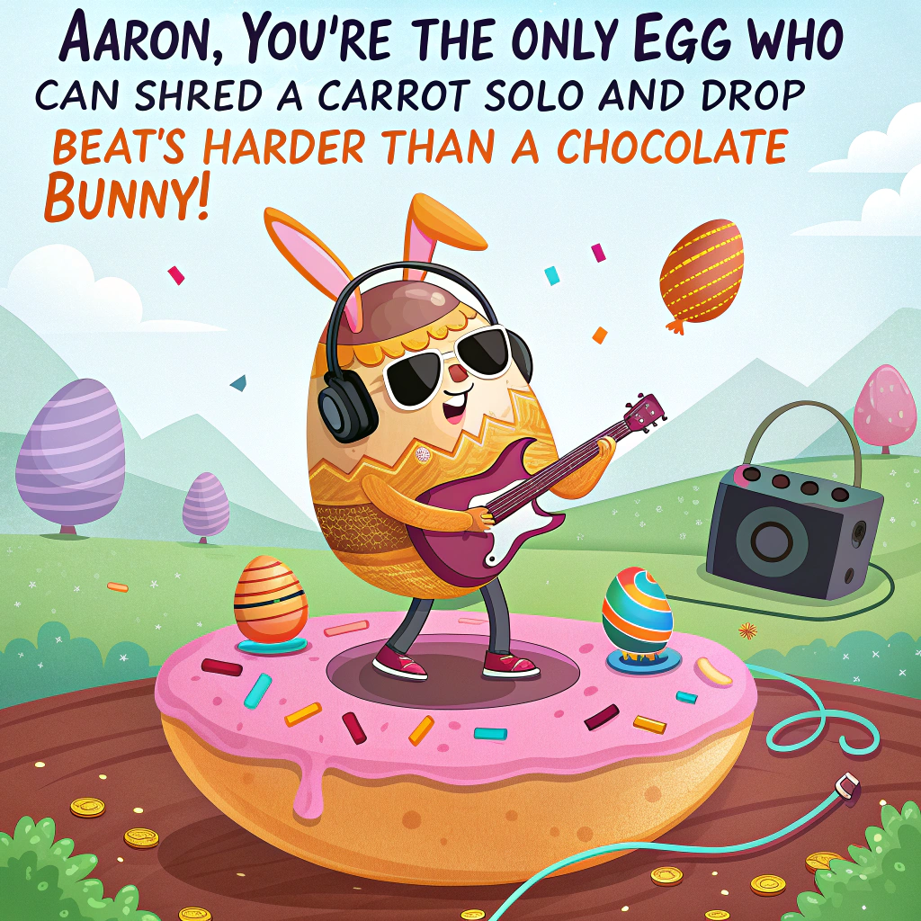 At the top of the image, "Aaron, you're the only egg who can shred a carrot solo and drop beats harder than a chocolate bunny!"

- Abstract image concept: A psychedelic, vibrant Easter jam session where wobbly, egg-shaped characters wear cool sunglasses and rock out with guitar necks made of candy canes, frets lined with jelly beans, and peep-marshmallow pickguards.  
- One egg (clearly "Aaron") stands center stage atop a giant spinning donut turntable, wearing a headset and strumming a flaming carrot-guitar while confetti chicks pop out of amplifiers shaped like Easter baskets.  
- Musical notes drift upward in pastel hues, and abstract, melting records rain from the sky, creating a surreal blend of delicious chaos and sonic Easter groove.
Generated with these themes: Food, Guitars , and Dope music .
Made with ❤️ by AI.