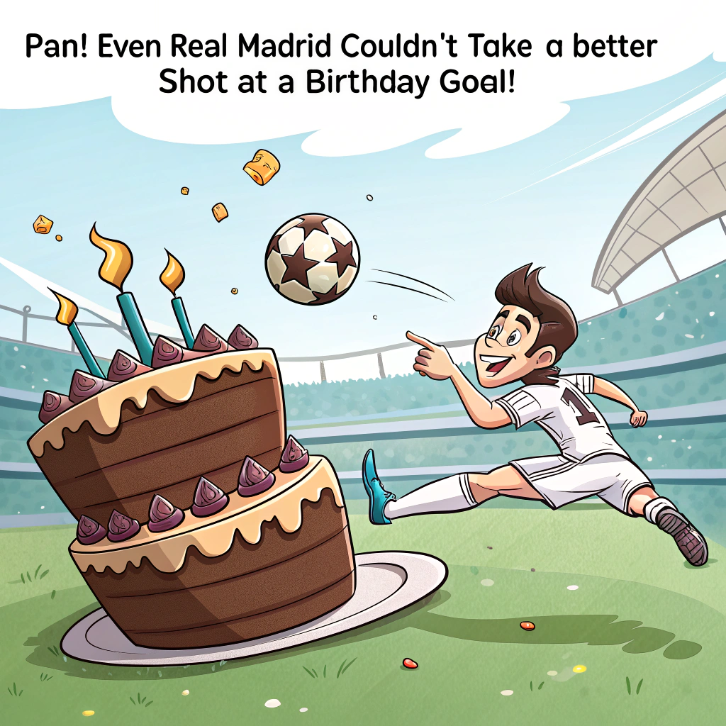 At the top of the image, "Pan! Even Real Madrid couldn't cake a better shot at a birthday goal!"

- In the center of the image, illustrate a hilarious cartoon scene of Pan dressed in a full Real Madrid kit, dramatically slide-tackling a giant, multi-layered birthday cake shaped like a football.
- The cake is mid-air, flying toward an oversized goal made of chocolate bars, while party hats and candles explode from the impact.
- On the sidelines, cartoon footballers with wide, astonished eyes hold plates and forks instead of football gear.
- Confetti shaped like tiny footballs rains down in the background, with banners reading "Feliz Cumpleaños, Champion!"  
- Optional detail: the football referee holds up a yellow card that reads “Too Sweet to Handle!”
Generated with these themes: Real madrid, Birthday cake, and Football.
Made with ❤️ by AI.