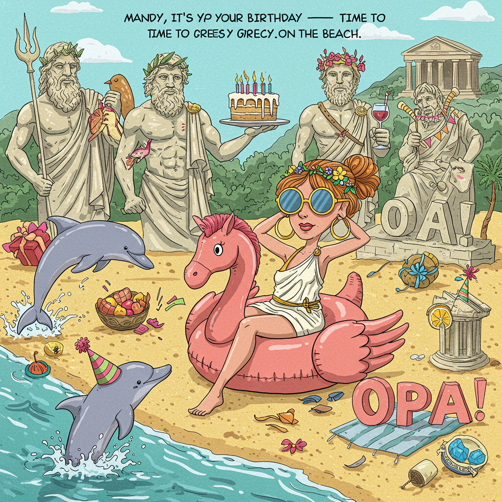 At the top of the illustration image: "Mandy, it's your birthday—time to get Greece-y on the beach!"
**Illustration Prompt:**
A comically sunburned woman (Mandy) wearing a toga over a bikini, lounging on a Greek island beach with a cocktail shaped like the Parthenon. She’s wearing oversized sunglasses and riding a flamingo float shaped like a mythological Greek Pegasus. Around her, dolphins are popping out of the water wearing party hats, and in the background, statues of Greek gods are partying—Zeus holding a birthday cake zapped with lightning candles, Dionysus tangled in party streamers holding a giant wine goblet. Add sandy ruins spelling out “OPA!” and make the entire scene lively, exaggerated, and full of absurd birthday joy.
Generated with these themes: Beach Greecs.
Made with ❤️ by AI.