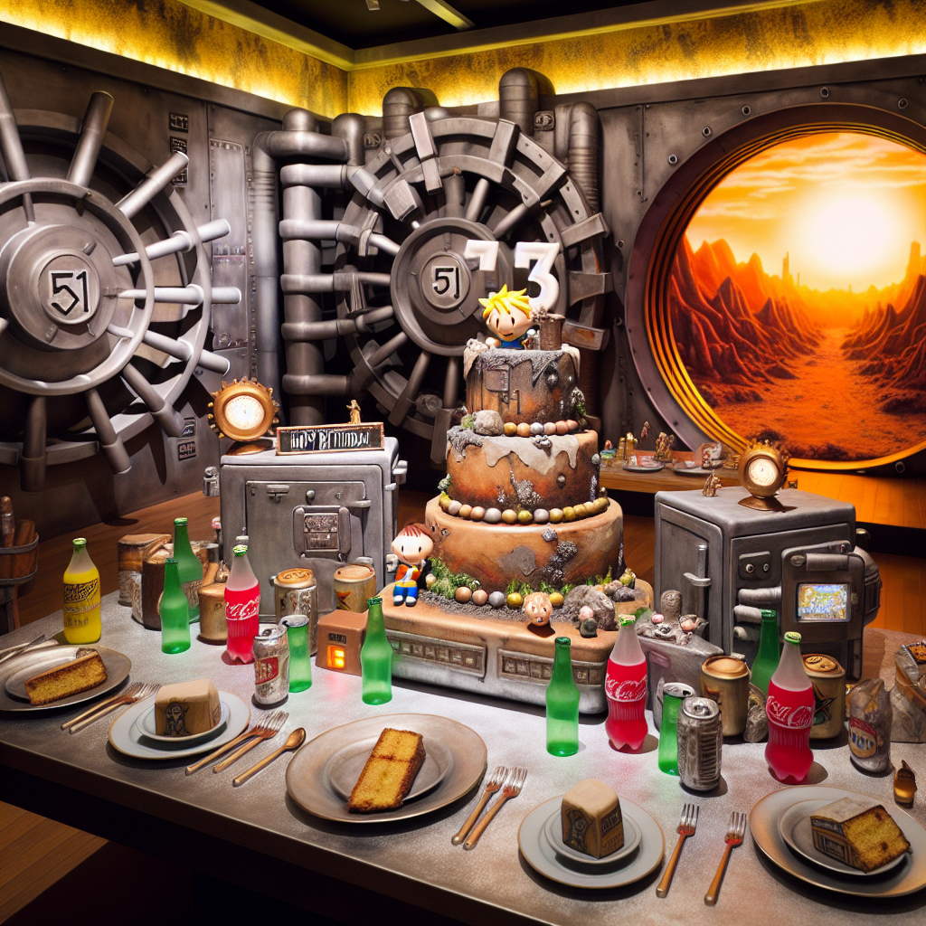 Imagine a room that radiates a warm and inviting atmosphere, designed as an homage to a retro-futuristic apocalyptic video game. Numbered '51', it is a unique take on an iconic underground shelter theme. Guests are welcomed by a faux vault door, ushering them into a space where nostalgic tunes harmonize with the game's aesthetic. In the center, a table bears a three-tiered cake, each layer crafted to resemble the barren wasteland of the game's setting, topped with a small figure of a cartoonish mascot carrying a 'Happy Birthday' banner. Small details, like metallic currency replicas and soda bottles reminiscent of the game, are scattered across the tables as decoration, heightening the theme's authenticity.
Generated with these themes: Fallout, 51, and Misic.
Made with ❤️ by AI.