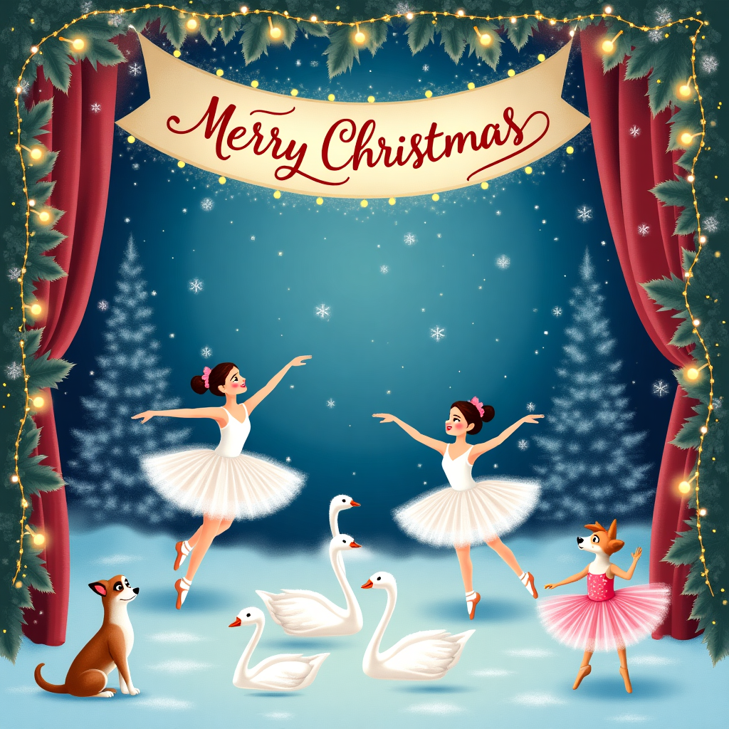 Theatre stage with frozen lake, Ballet dancers performing swan lake, Swans, One eyed Jack Russel dog wearing a tutu, sat on stage watching , and Merry Christmas Mum and George written in a banner Christmas Card