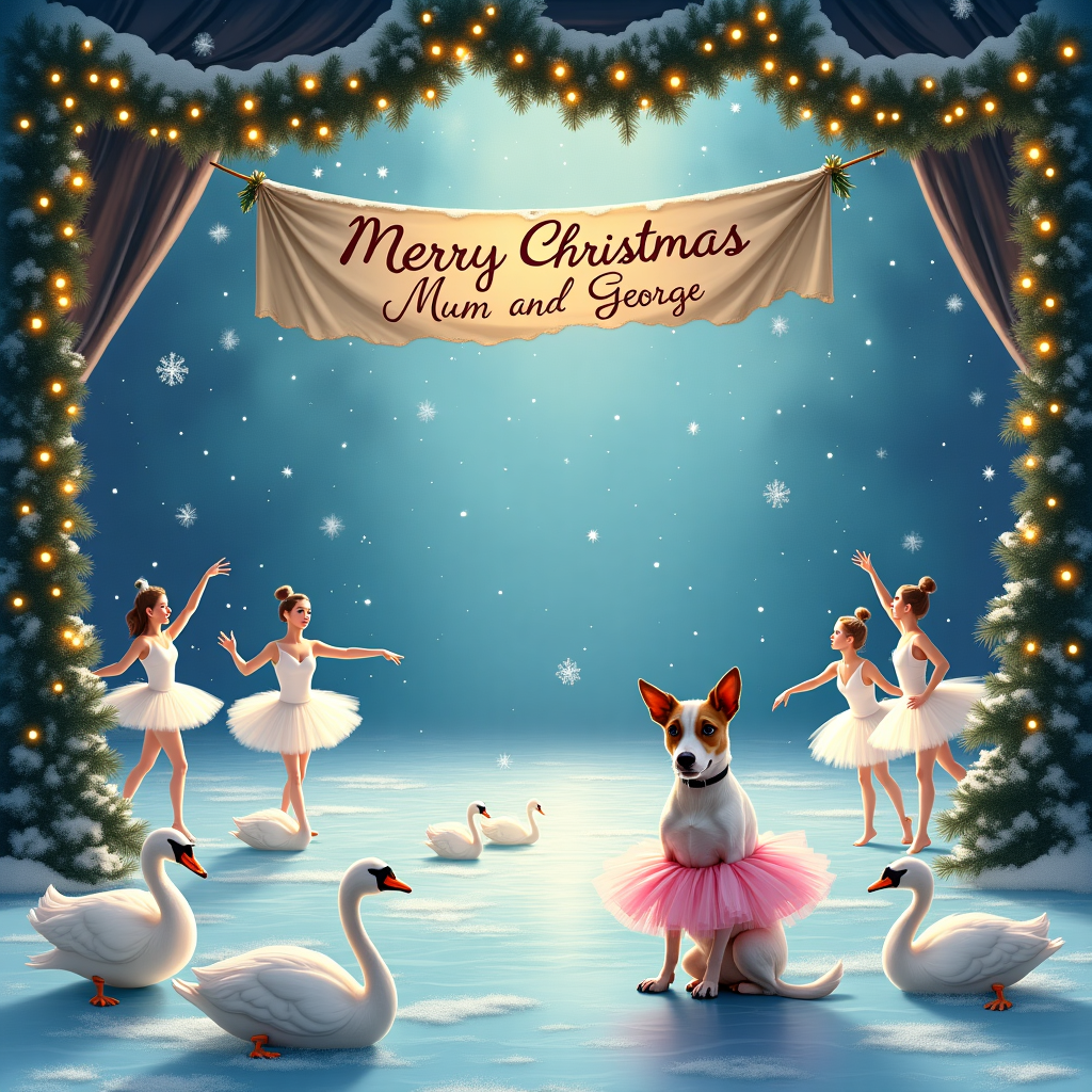 Theatre stage with frozen lake, Ballet dancers performing swan lake, Swans, One eyed Jack Russel dog wearing a tutu, sat on stage watching , and Merry Christmas Mum and George written in a banner Christmas Card