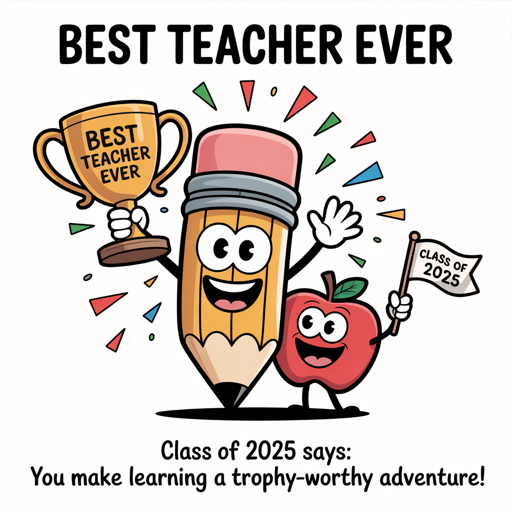 At the top of the image, "Best Teacher Ever":

At the bottom of the image, add "Class of 2025 says: You make learning a Trophy-worthy adventure!"

- In the center of the image, illustrate a cartoon-style scene featuring a charmingly oversized pencil with a big, bright smile, holding up a shiny trophy with both erasers. The trophy is labeled "Best Teacher Ever," and next to the pencil, a cheerful apple character joins in the celebration, waving a small flag with "Class of 2025" written on it. The background bursts with playful, colorful confetti, enhancing the jubilant mood.
Generated with these themes: .
Made with ❤️ by AI.