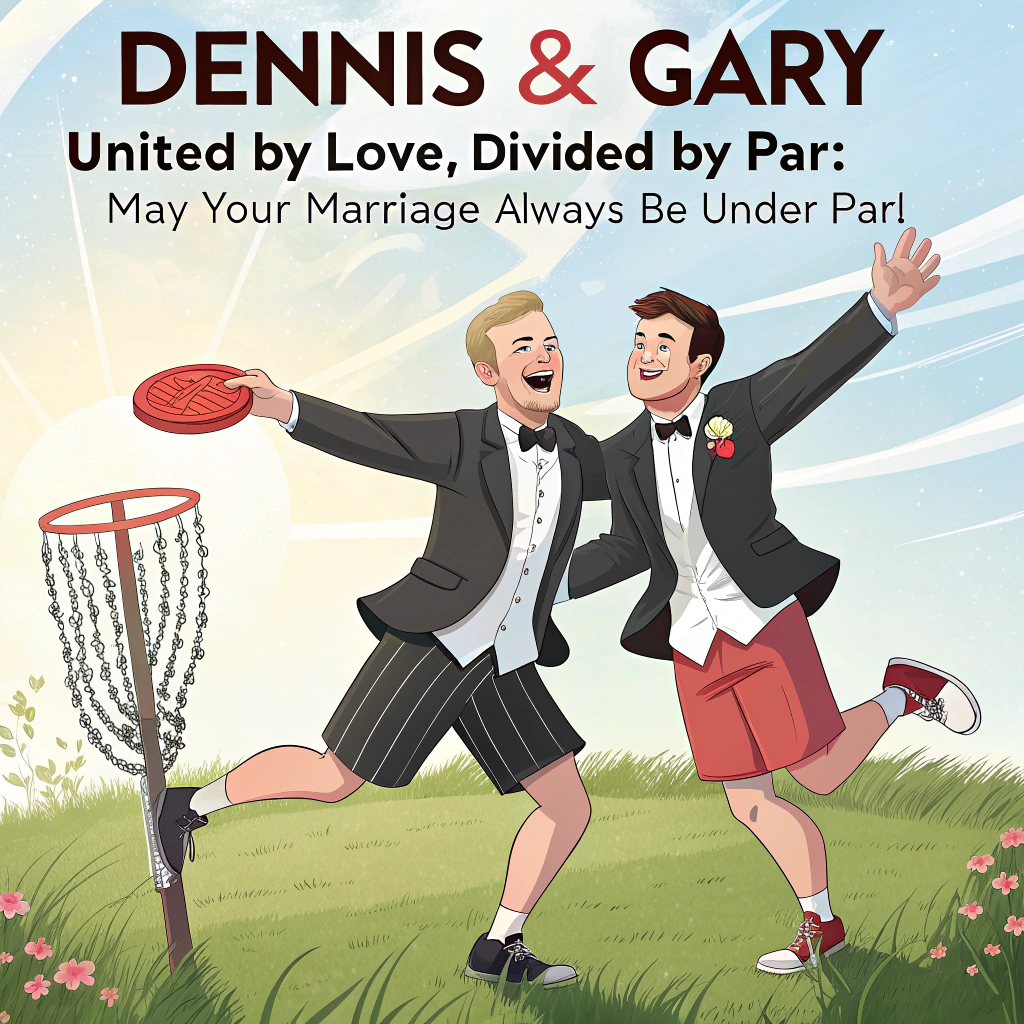 Two Grooms, Disc Golf, Open field, and Young audiance Wedding Card