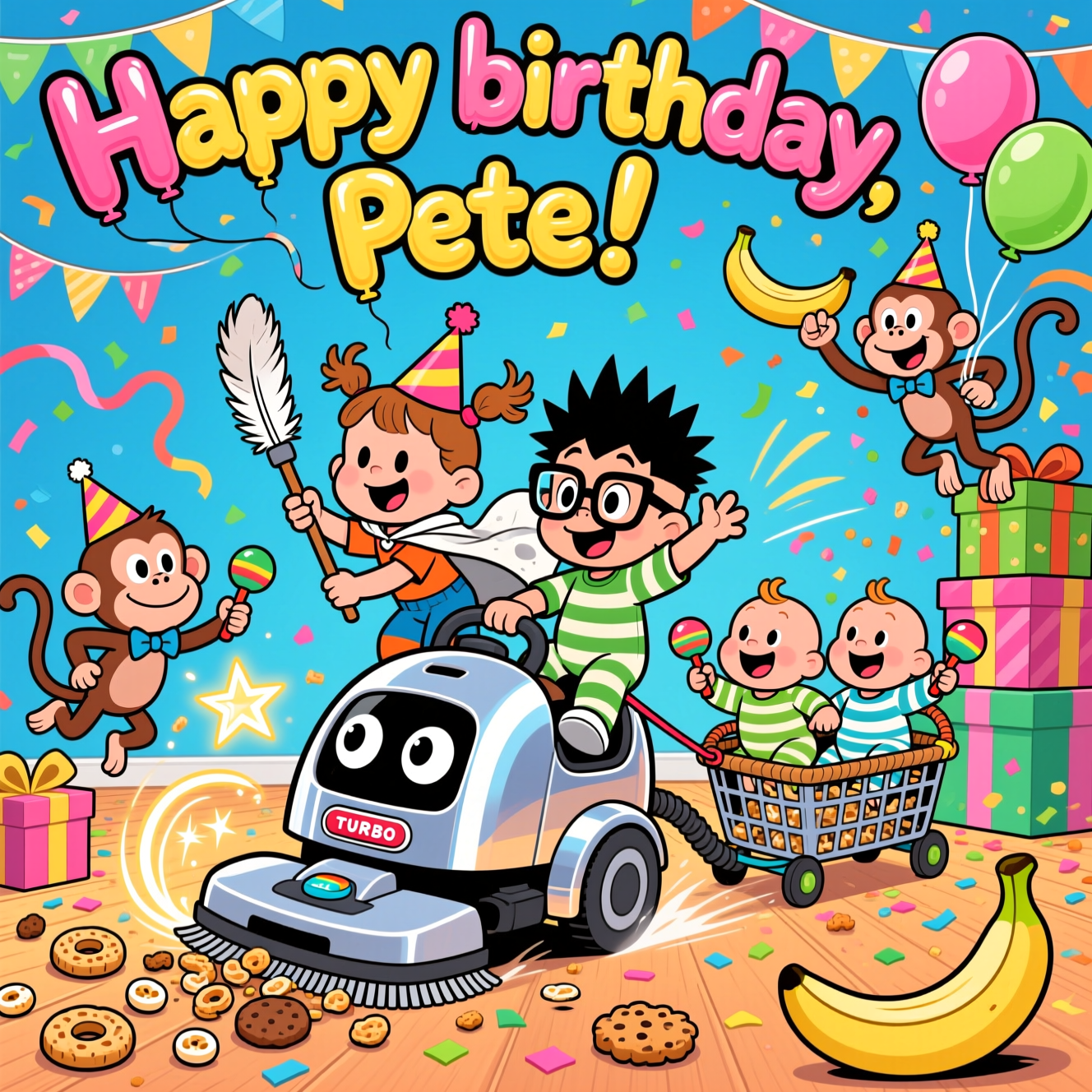 Robot vacuum, Monkeys , 2 toddlers, 2 babies, and Birthday Card