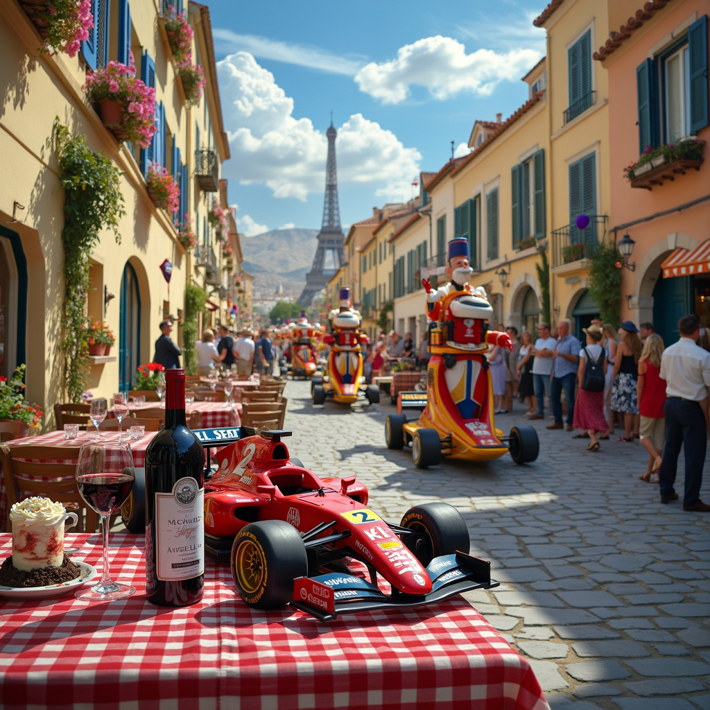 Imagine a picturesque, cobblestone street in a quaint French village, with charming, pastel-colored houses and vibrant flower boxes hanging from windowsills. In the foreground, there's a lively café with outdoor seating. The tables are adorned with red-and-white checkered tablecloths, and at one of the tables, a bottle of Bordeaux wine and a couple of glasses are prominently displayed. 

Seated at the table is a jubilant birthday celebrant, wearing a whimsical birthday hat shaped like a racing helmet. Next to them, there's a miniature Formula One car, perfectly detailed, as if it just zoomed off the streets of Monaco and parked itself there. The car is emblazoned with the celebrant's age as its racing number. Behind the celebrant, a flamboyant waiter, dressed in traditional French garb complete with a mustache and beret, is balancing a tray with a birthday cake in the shape of a Formula One race track, complete with tiny, edible race cars made of fondant.

In the background, a festive parade is passing through the street, featuring a float in the shape of a giant wine bottle with a French flag draped over it. The float is followed by people dressed as famous French landmarks (like the Eiffel Tower and Arc de Triomphe) and characters (like mimes and accordion players). Balloons in the colors of the French flag—blue, white, and red—are being handed out to children who are cheering from the sidewalks.

The scene is bursting with life and color, blending the elegance of French culture, the excitement of Formula One racing, and the joy of a birthday celebration, all tied together with a splash of wine.
Generated with these themes: Wine, Formula one, and France.
Made with ❤️ by AI.