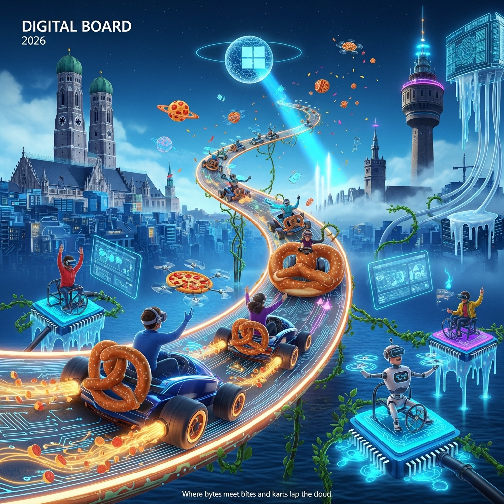 At the top of the Surreal Style image, Digital Board 2026

Dreamlike, Dali-inspired surreal cityscape in a blueish futuristic palette (electric cobalt, cyan glows, indigo shadows). Left skyline: Munich’s Liebfrauenkirche (Frauenkirche with twin green onion-domed towers) rising from a sea of shimmering circuit boards. Right skyline: Mannheim’s historic Water Tower (Wasserturm) crowned by ethereal mist and neon fountains. Between them arcs a colossal glowing pretzel-shaped racetrack made of fiber-optic strands and PCB traces, hosting a playful karting race: sleek karts that look like glossy computer mice, wheels made of spinning pretzels, exhausts streaming pizza-cheese neon. A diverse, stylized digital company team (humans and friendly robots) zips along and cheers from floating microchip platforms; many wear virtual reality headsets, piloting via exaggerated hand-gestures. Drones deliver steaming pizzas; pepperoni planets orbit; binary confetti rains. Above, an AI presence: a translucent circuit-brain moon and a halo of flowing neural nets. A subtle nod to Microsoft glows in the sky as a floating four-pane window of light casting azure beams across the scene. Melting server-clocks drape from fiber clouds; holographic dashboards and chat panes float quietly (no text), cable-vines curl like vines. Ethereal volumetric lighting, soft bloom and reflections across a mirror-like data-lake; playful, funny, celebratory, high detail, blueish futuristic style.

At the bottom in small playful text: Where bytes meet bites and karts lap the cloud.
Generated with these themes: Please create a picture. Topics: AI, digital company, team, technology, pizza, microsoft, virtualy reality, technology, karting race, Munich city, Mannheim city, pretzel.  For Munich please use a pic of Liebfrauenkirche, for Mannheim please use the historic watertower as landmark.  overall use a blueish futuristic style, and .
Made with ❤️ by AI.