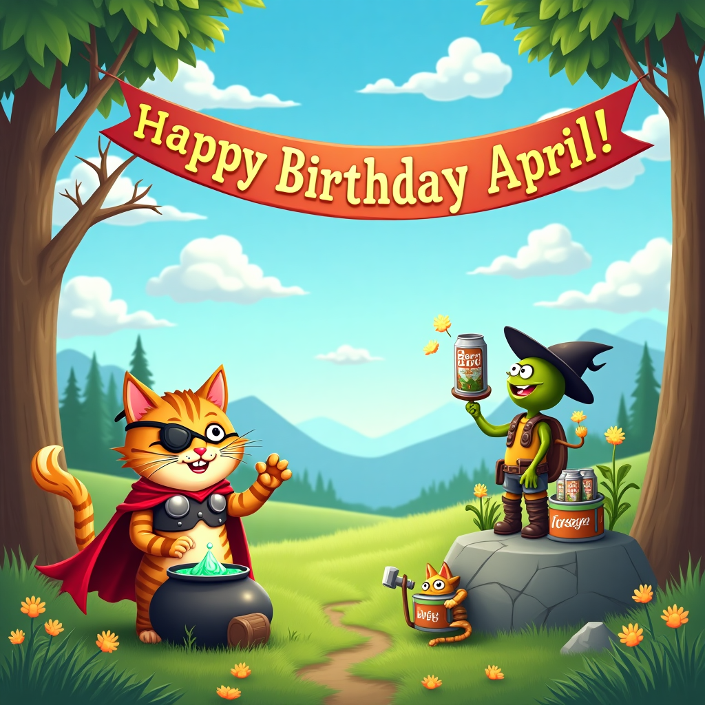 In this whimsical birthday scene, picture a vibrant meadow under a dazzling blue sky dotted with fluffy, animated clouds. In the foreground, a mischievous tabby cat with an eye patch—clearly up to no good—stands next to a tiny cauldron bubbling with green potion, hinting at its feline witch aspirations. Nearby, a miniaturized Thor, with his iconic red cape and mighty hammer Mjolnir, is laughing heartily, perched atop a mossy boulder. His hammer, unusually, is also serving as a can opener for a six-pack of frothy beer, one of which he holds aloft in a celebratory toast. Just to the side, a sprightly group of sentient plants, with wide eyes and leafy limbs, are gearing up for a hike. They wear miniature backpacks filled with tiny hiking essentials, like a tiny compass and snack bars, made from organic soil. Hanging across two tall trees, a colorful, animated birthday banner flutters gently in the breeze, with the words “Happy Birthday April!” emblazoned in bright, cheerful letters. The clouds in the sky above join the festivity by spelling out “April” in a playful, swirling script. Adding to the chaos, a quirky witch, with a floppy hat and a cloak that resembles a patchwork of enchanted forests, is brewing a magical beer stew, while keeping an eye on the hyperactive plants. In the background, the meadow stretches endlessly, leading to a distant mountain range, suggesting that this quirky assembly is about to embark on a magical birthday hiking adventure.
Generated with these themes: Witches, Thor , Plants , Cat, Hiking, and Beer.
Made with ❤️ by AI.