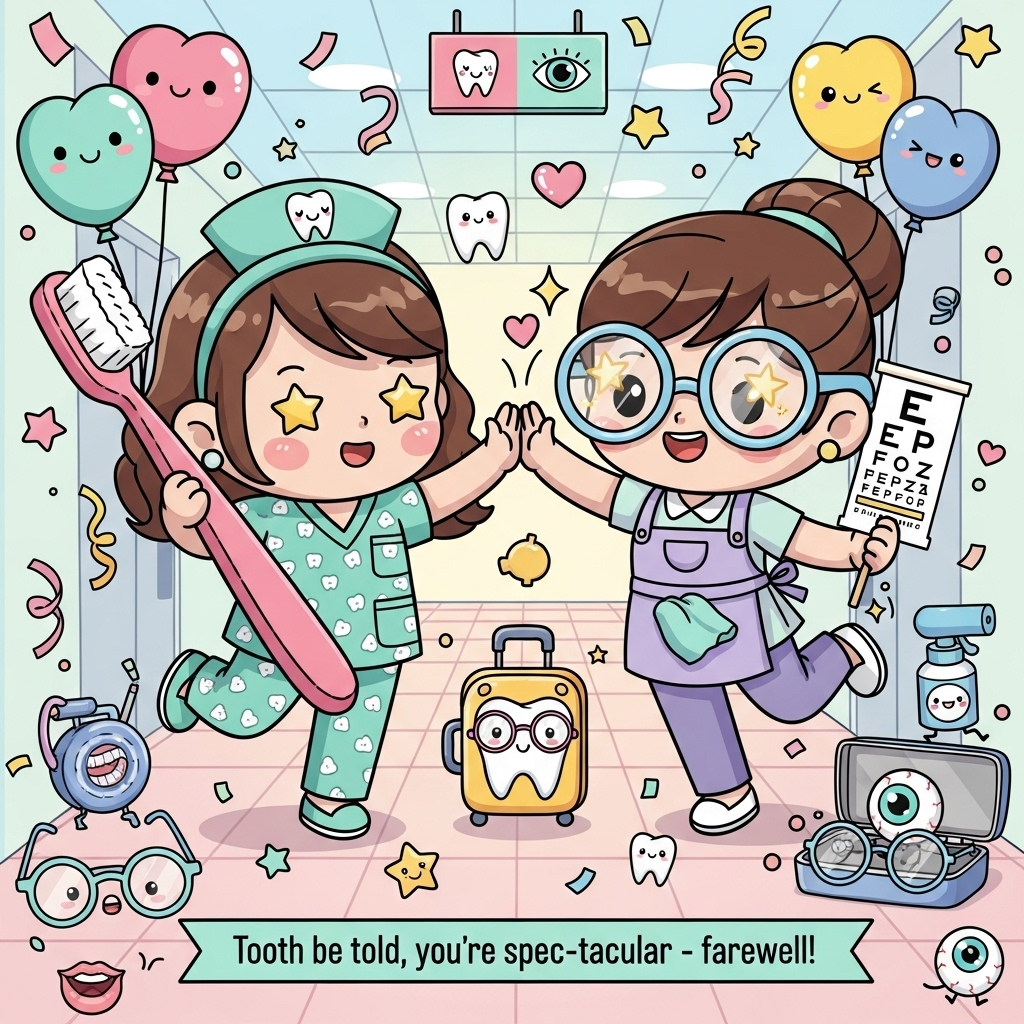 Kawaii cartoon farewell scene with exaggerated proportions, thick black outlines, and bright saturated colors. In a cheerful clinic hallway that blends dental and optical motifs, two chibi characters are center stage: a bubbly dental nurse in teal scrubs with tiny tooth patterns, starry eyes, and a headband with a cute tooth icon, twirling an oversized rainbow toothbrush like a baton; beside her, a joyful optical assistant with oversized round glasses sparkling with star highlights, a lavender apron with a lens cloth peeking out, and a playful mini eye chart (with heart symbols instead of letters) tucked under one arm. They’re mid-hop high-five, one foot lifted, waving goodbye with their free hands. Between them rolls a kawaii suitcase shaped like a tooth wearing glasses, cheeks blushing. Around them: heart-, star-, tooth-, and glasses-shaped balloons, pastel confetti and streamers, sparkles, a smiling floss spool, a friendly lens spray, a tiny mouth mirror with a face, and a shy little eyeball character peeking from an open glasses case. Background is a soft pastel gradient (bubblegum pink to sky blue) with simple icon signage (tooth and eye symbols), no extra text. Lighting is bright and glossy with crisp cel-shading; poses are energetic and whimsical. Composition is full-bleed portrait with the characters large and centered, leaving space for a small ribbon near the bottom. On the pastel ribbon, hand-lettered caption (single line): "Tooth be told, you're spec-tacular - farewell!" Color palette: bubblegum pink, mint, sunshine yellow, sky blue, lavender, citrus orange; clean white accents; smooth, vector-like finish. Mood: cute, celebratory, heartfelt goodbye.
Generated with these themes: Kawaii characters, Dental nurse, Optical assistant, , and .
Made with ❤️ by AI.