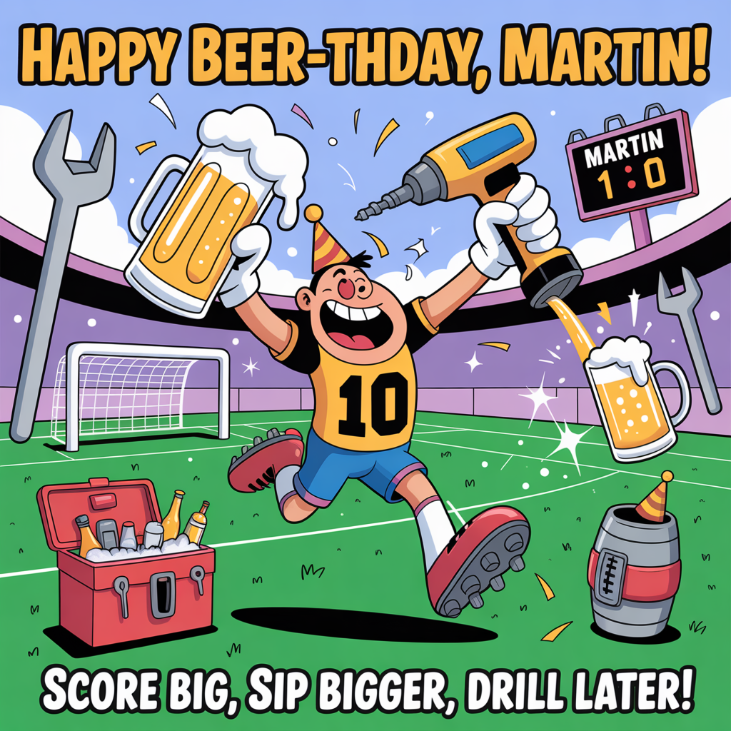 At the top of the Cartoon Style image, "Happy Beer‑thday, Martin!"
At the bottom of the Cartoon Style image, "Score big, sip bigger, drill later!"

Playful cartoon style with exaggerated proportions, thick outlines, bright saturated colors, and energetic poses. Center scene: On a vibrant green football pitch, a big‑headed, grinning Martin in a bold jersey reading "MARTIN 10" and a party hat leaps mid‑kick. In one hand he hoists an oversized frothy beer stein; in the other, a shiny cordless drill comically doubles as a tap, pouring sparkling golden beer into a glass mid‑air. The goalposts are built from giant wrenches and screwdrivers; a red toolbox cooler on the sideline overflows with ice and bottles; a football‑shaped keg wears a tiny party hat. Confetti bursts, motion lines, and cheeky details (foam splash, twinkly highlights). A playful scoreboard in the stands reads "Martin 1 – Age 0". Keep open sky space for the top text and a clean turf ribbon for the bottom line. Bright, saturated palette; thick black outlines; whimsical, high‑energy composition.
Generated with these themes: Beer,football,power tools, and .
Made with ❤️ by AI.